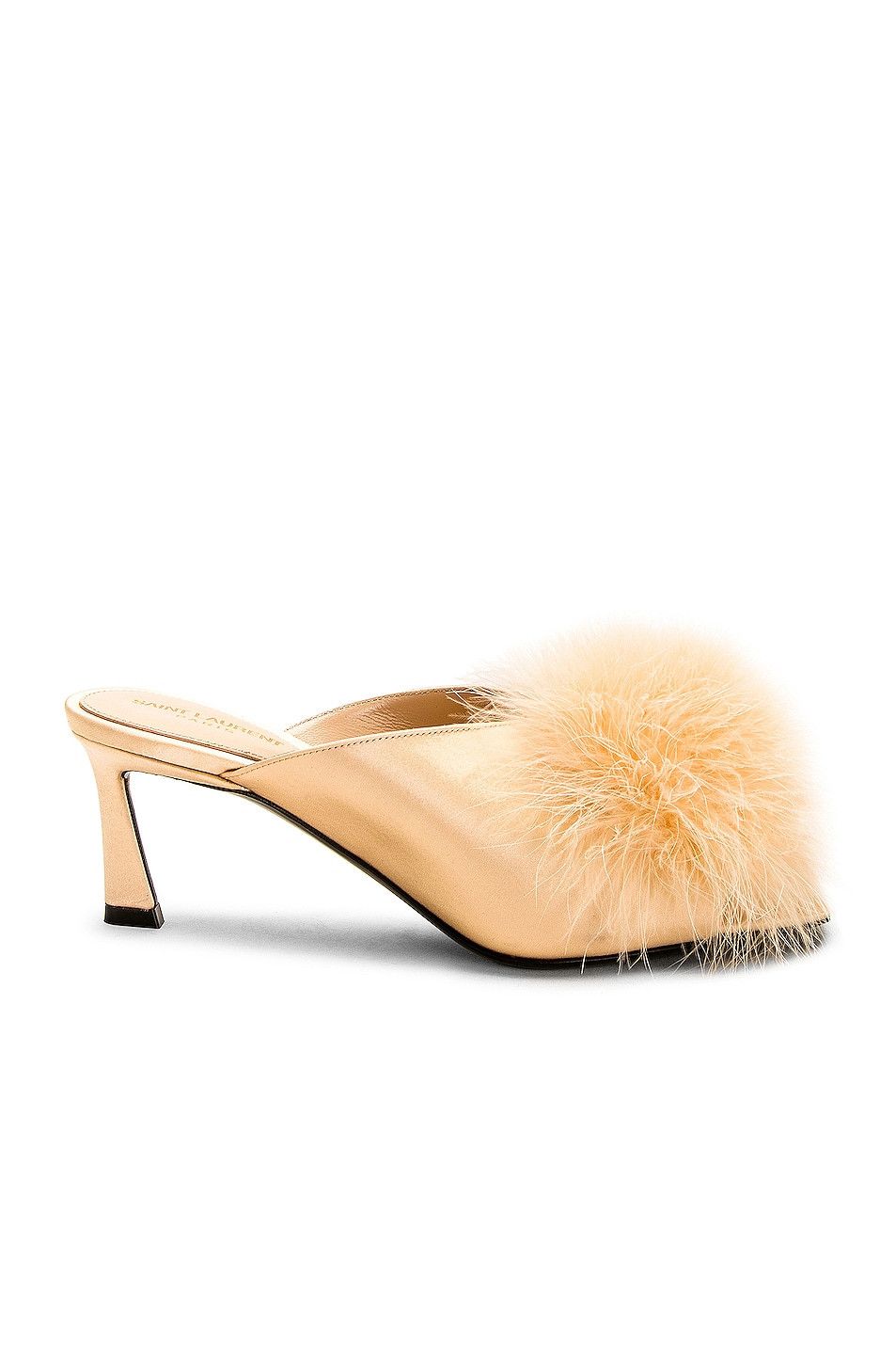 Mae Mules in Crepe Satin with Feathers