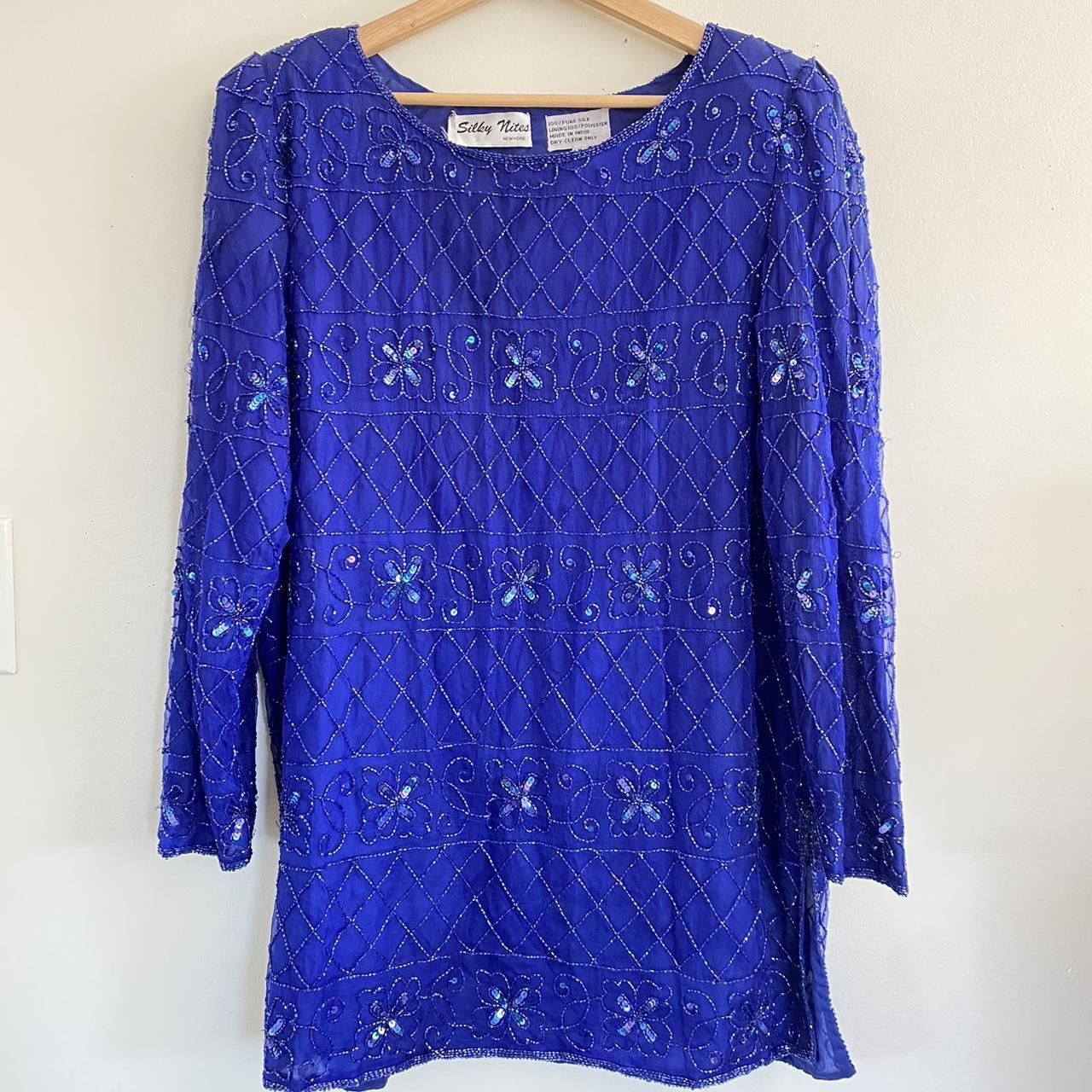 Vintage SILKY NITES VINTAGE BLUE SILK SEQUIN MINI DRESS LARGE Size L / US 10 / IT 46 - 3 Thumbnail