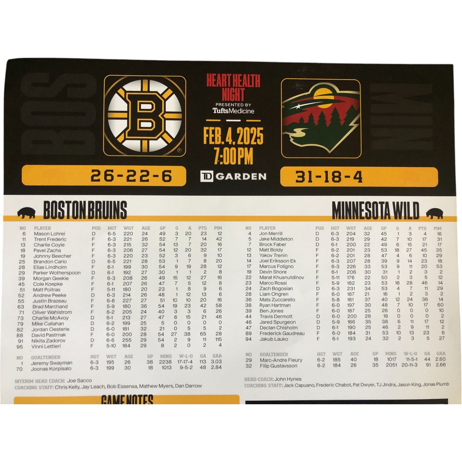 NHL Boston Bruins v Minnesota Wild 2/4/25 Gameday Roster Poster Size ONE SIZE - 6 Thumbnail