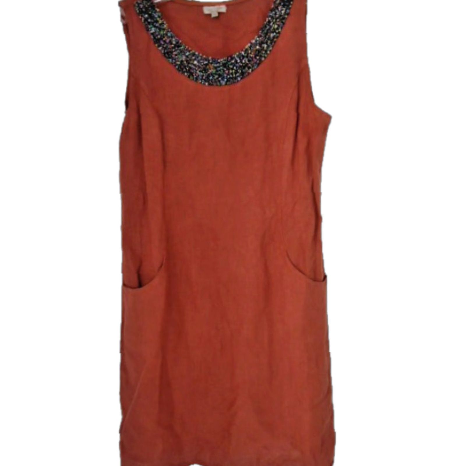 LINA TOMEI 100% Linen Pocket Pullover Dress Sleeveless Orange