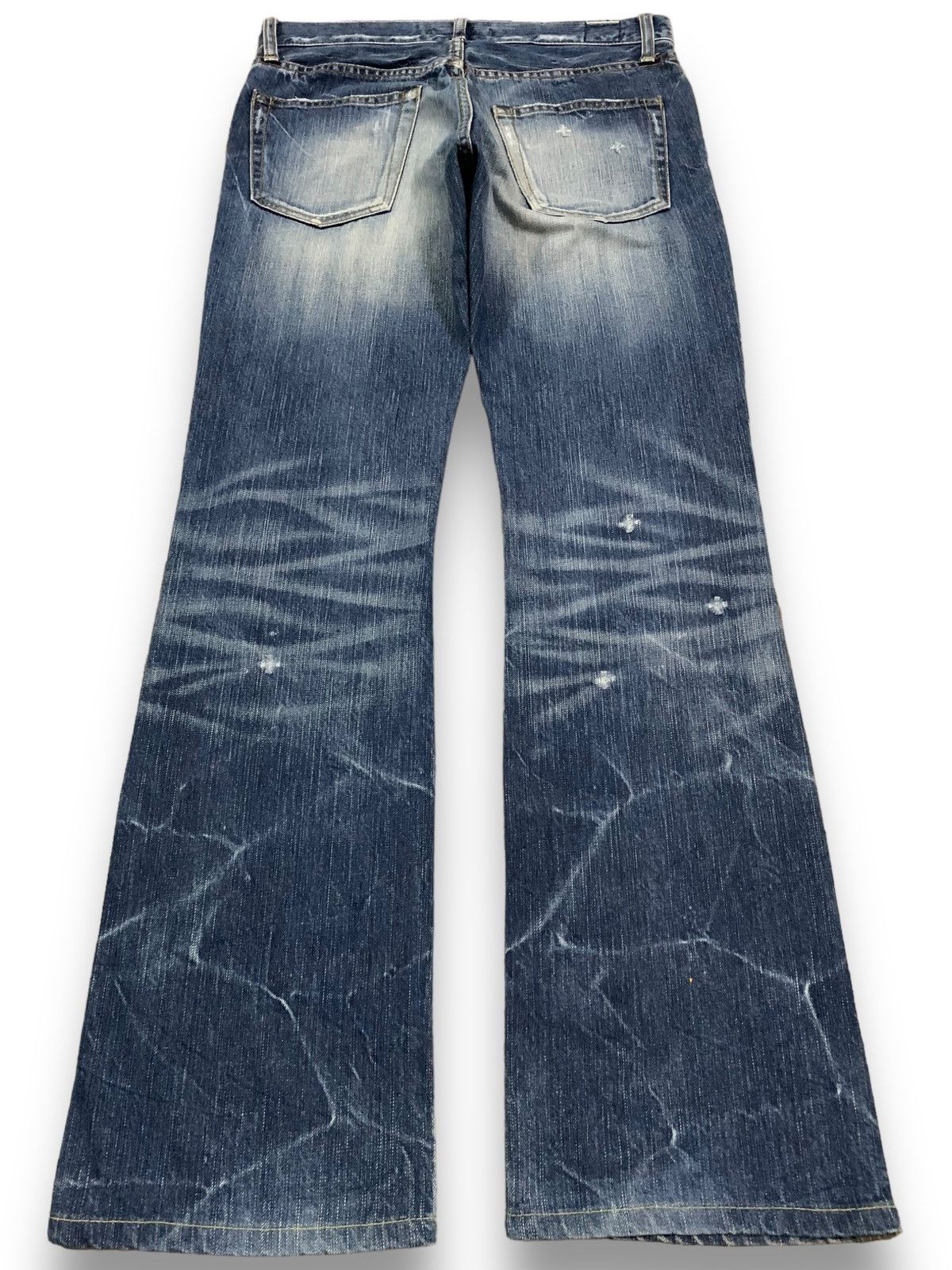 If Six Was Nine Japanese Blue Way Cracked Wash Cross Distressed Flare Jeans Size US 30 / EU 46 - 2 Thumbnail