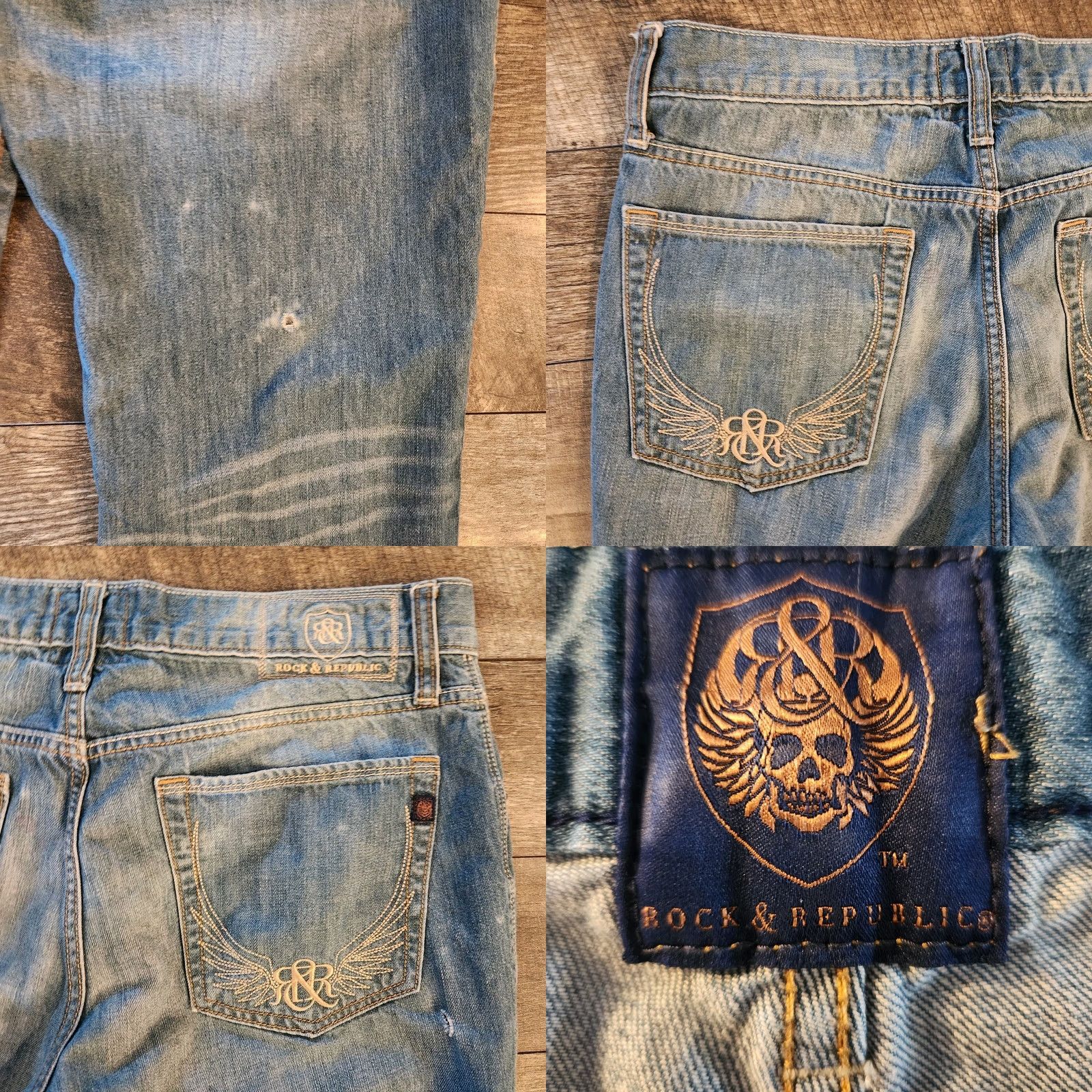 Vintage Rock & Republic Jeans Mens 34x32 Blue Denim Whiskered Distressed Straight Leg Mens Jeans Regular Fit Blue Distressed 5-Pocket Denim Straight Leg Mens Size US 34 / EU 50 - 8 Thumbnail