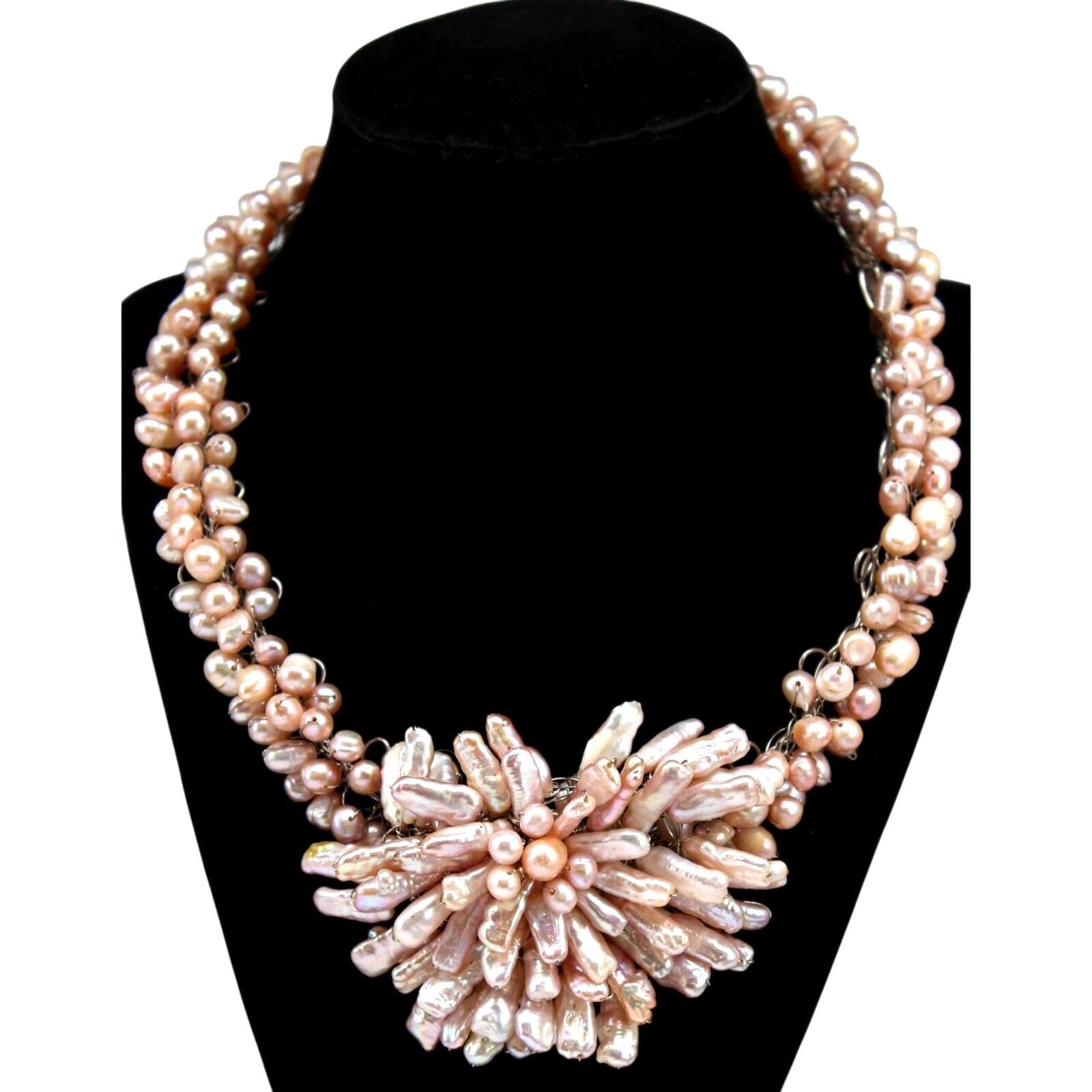 Big Light Pink Fresh Water Pearl Necklace Silvertone 15