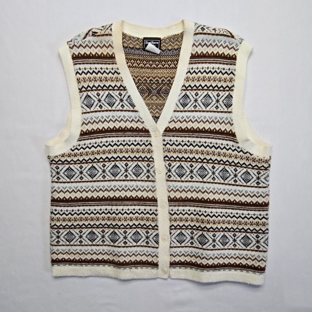 Vintage Vintage Southern Lady Vest Fair Isle Pattern Brown Cream 1X Size L / US 10 / IT 46 - 1 Thumbnail