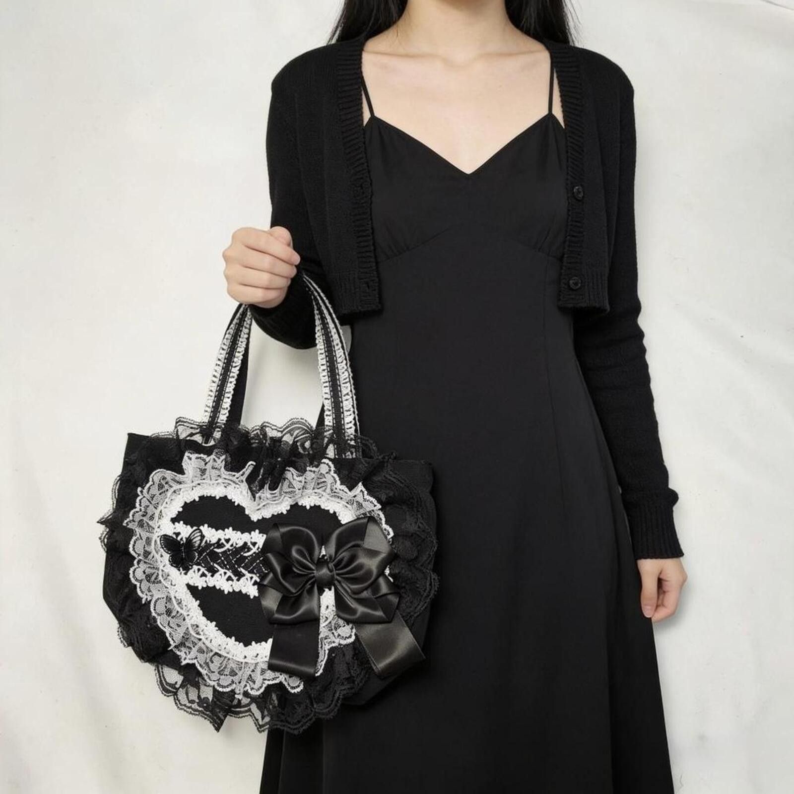 Other Black & White Lace Heart Lolita Tote Bag | Gothic Handbag Size ONE SIZE - 4 Thumbnail