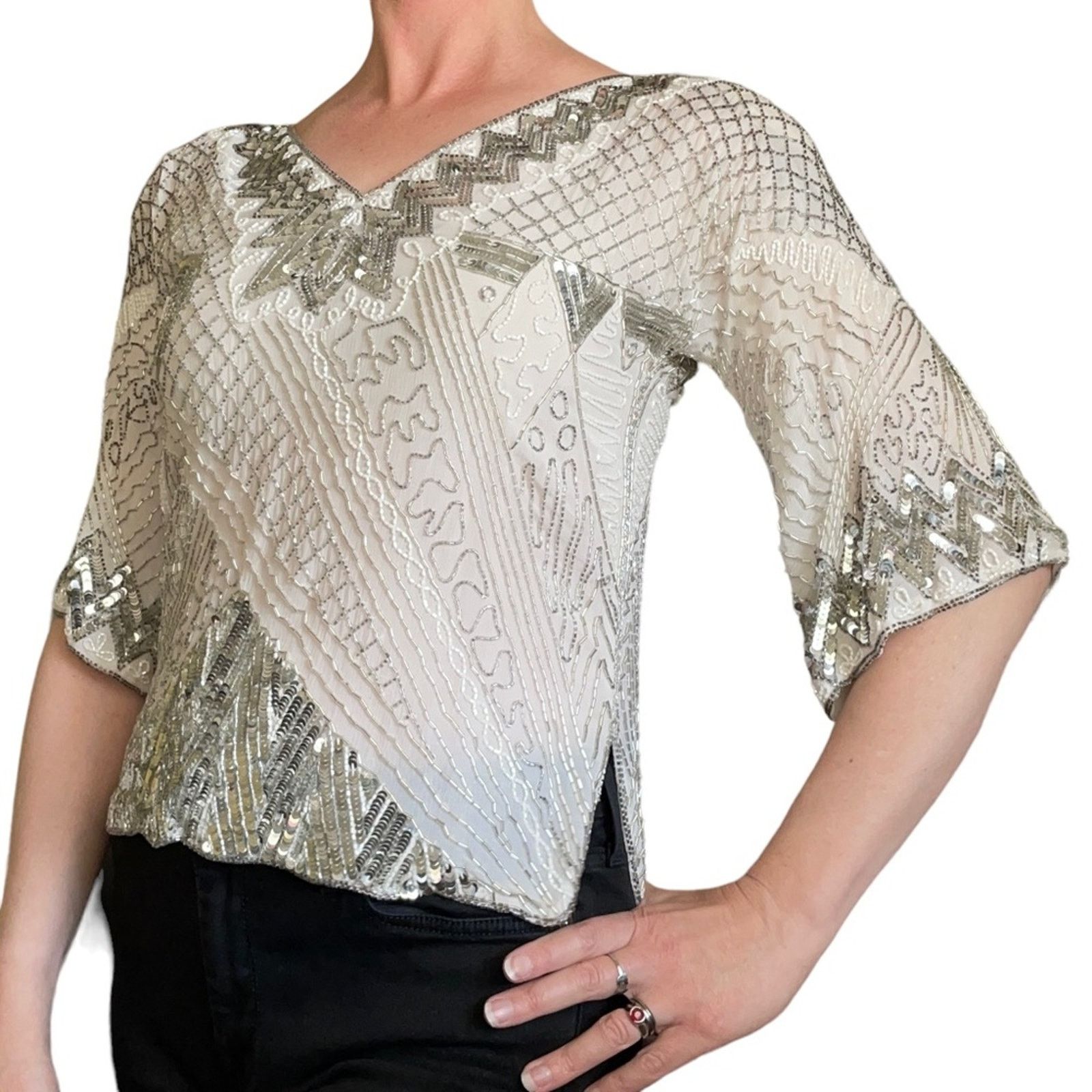 I. Magnin × Vintage Vintage Swee Lo for I. Magnin Beaded Sequin Silk Top Blouse Size S / US 4 / IT 40 - 2 Thumbnail