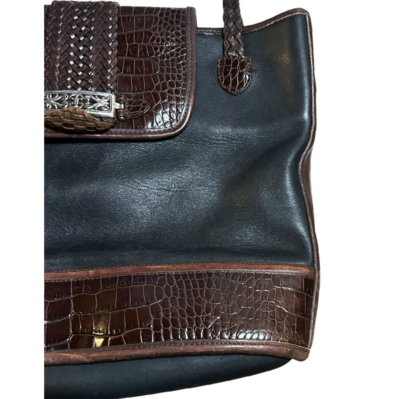 Brighton VINTAGE Brighton Queen of Love Croc Leather Shoulder Bag Tote Purse Black Brown Women’s Bag Charm Silver Hardware 12in 12in Size ONE SIZE - 3 Thumbnail
