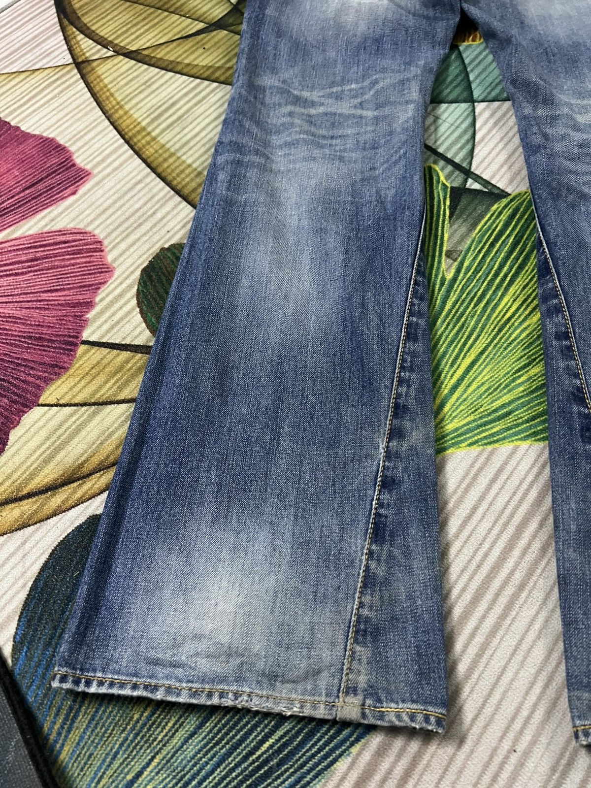 Japanese Brand 💥Twist Leg💥Purple & Yellow Distress Backle Back Flare Jean Size US 31 - 18 Thumbnail