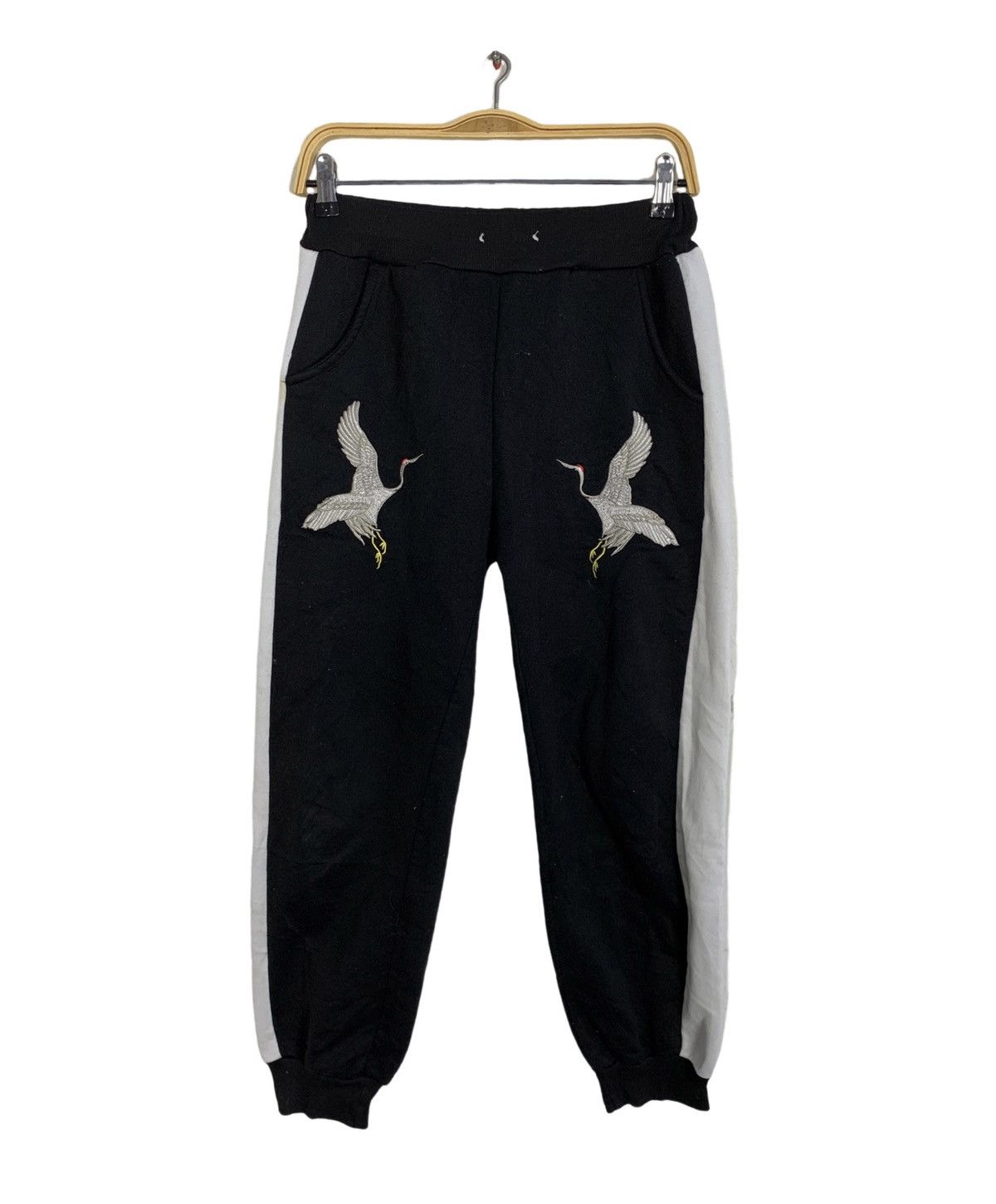 image of Art Jogger Stretchable Pant Embroidery Crane Bird Sukajan Style in Black, Women's (Size 28)