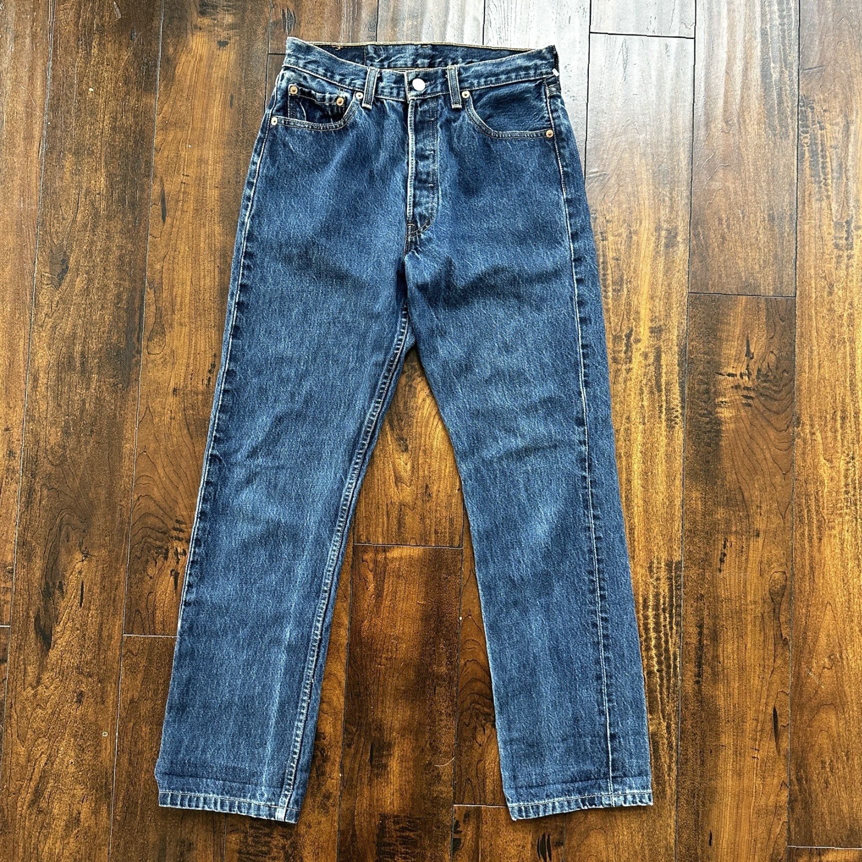 Levi's VINTAGE Levi's 501 Jeans 29x34 Blue Denim 90s 80s USA Mid Wash 27x29 Med Wash Classic Straight Men's Regular Cotton Denim Beltless Button Closure Size US 29 - 3 Thumbnail