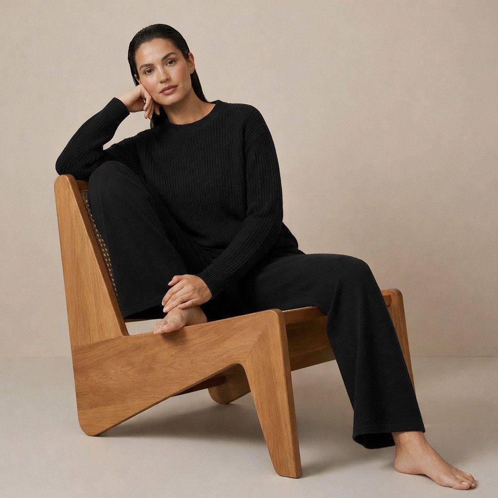 Other Aura Cozy Knit Set Black Turtleneck Sweater & Wide-Leg Pants Size ONE SIZE - 1 Thumbnail
