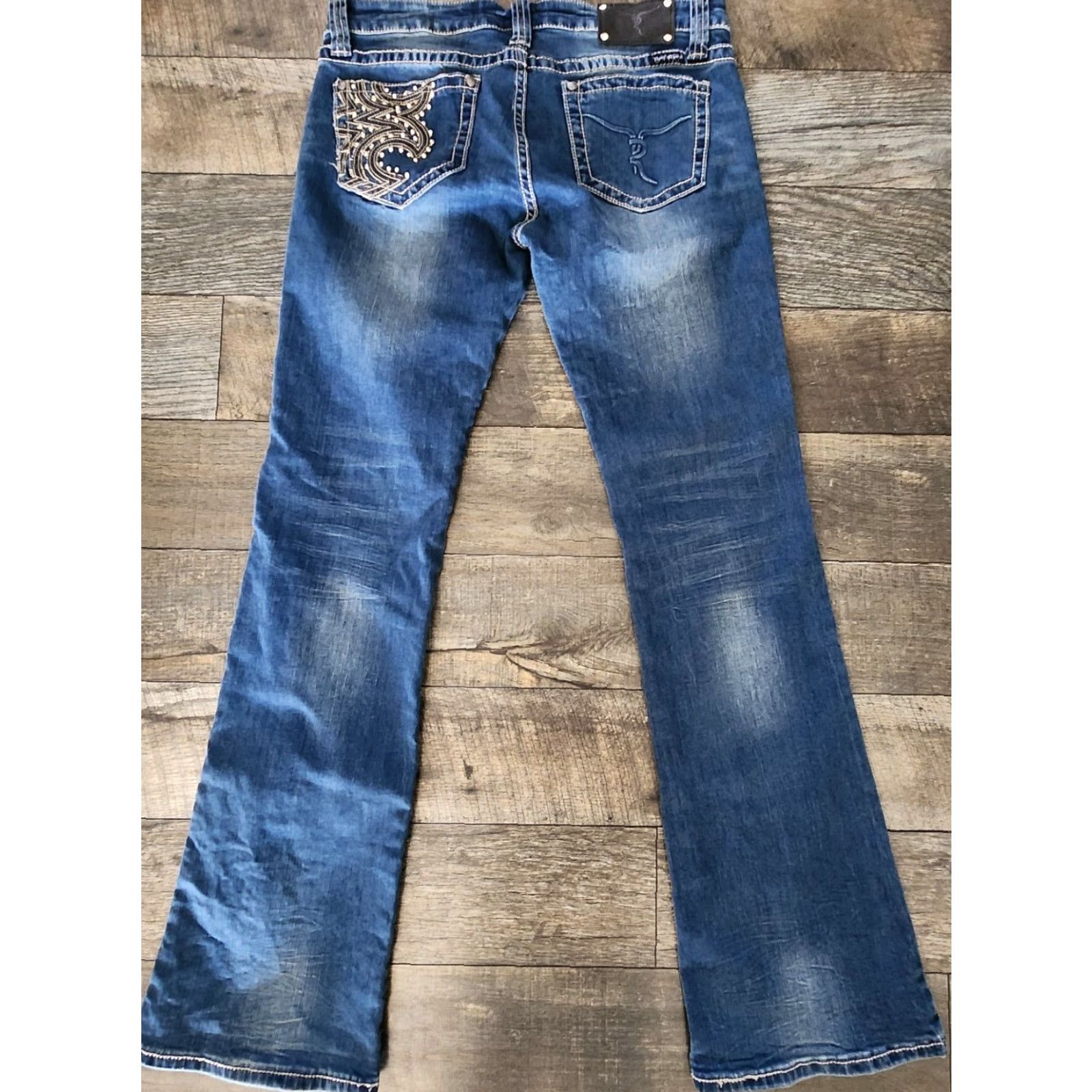 Denime Trinity Jeans Blue Denim 9 Regular Women Bootcut Rhinestone Embroidered Beaded Logo Studded Western Cowgirl Size 30" / US 8 / IT 44 - 2 Thumbnail
