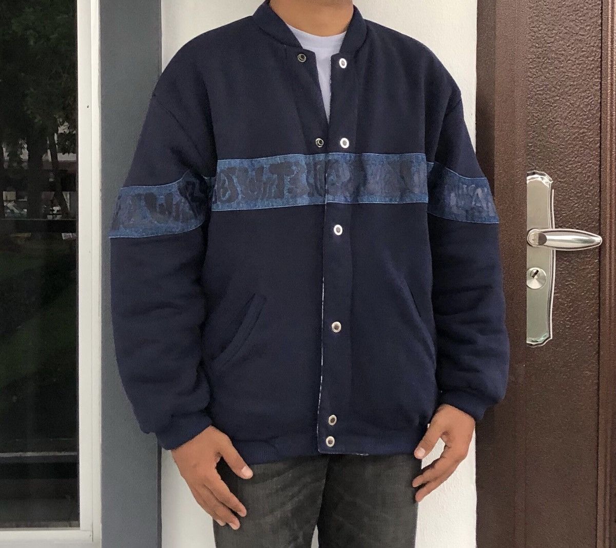 image of Vintage Blowout L.a. Reversible Bomber Jacket in Blue/White, Men's (Size Large)