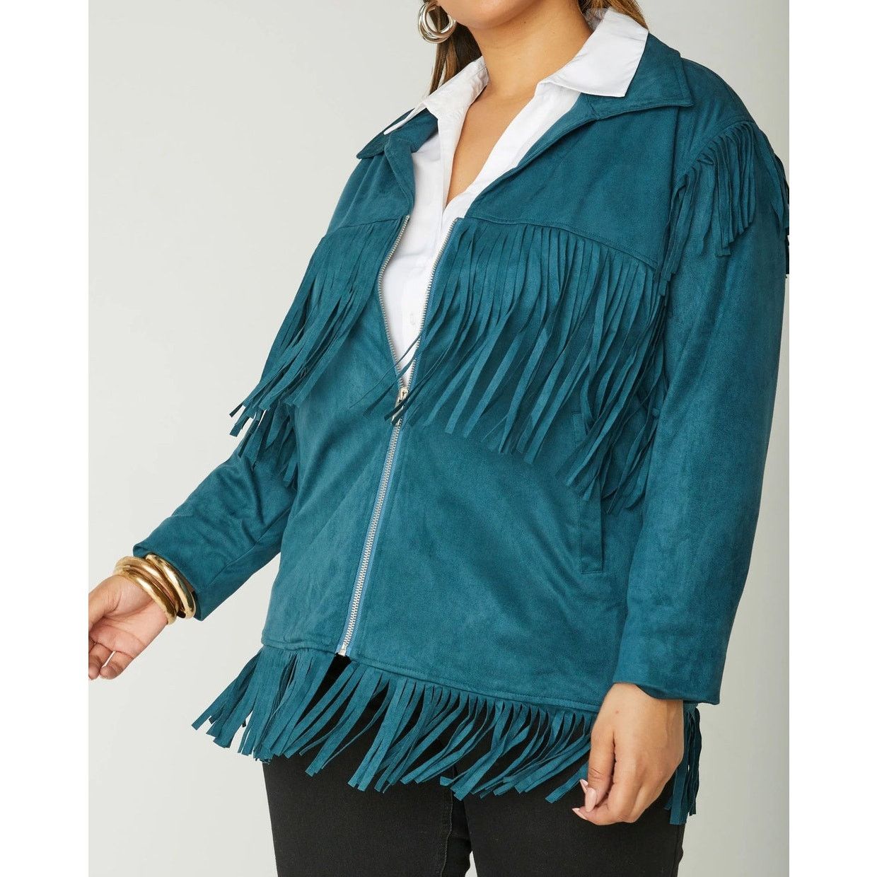 Other NEW | Fringed Teal Vegan Suede Zip Front Jacket | Size 10 Size L / US 10 / IT 46 - 1 Thumbnail