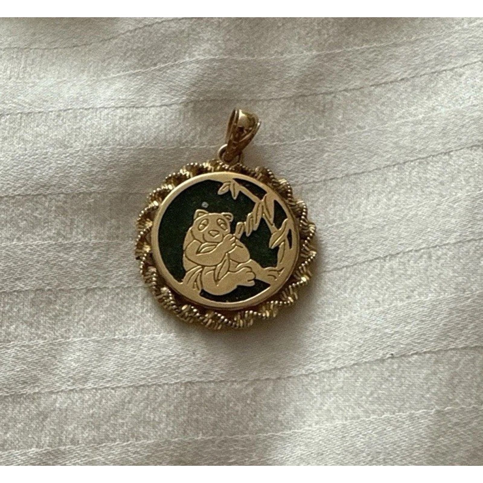 Other Yellow Gold Green Jade Panda Eating Leaves, Circle Pendant Size ONE SIZE - 7 Thumbnail