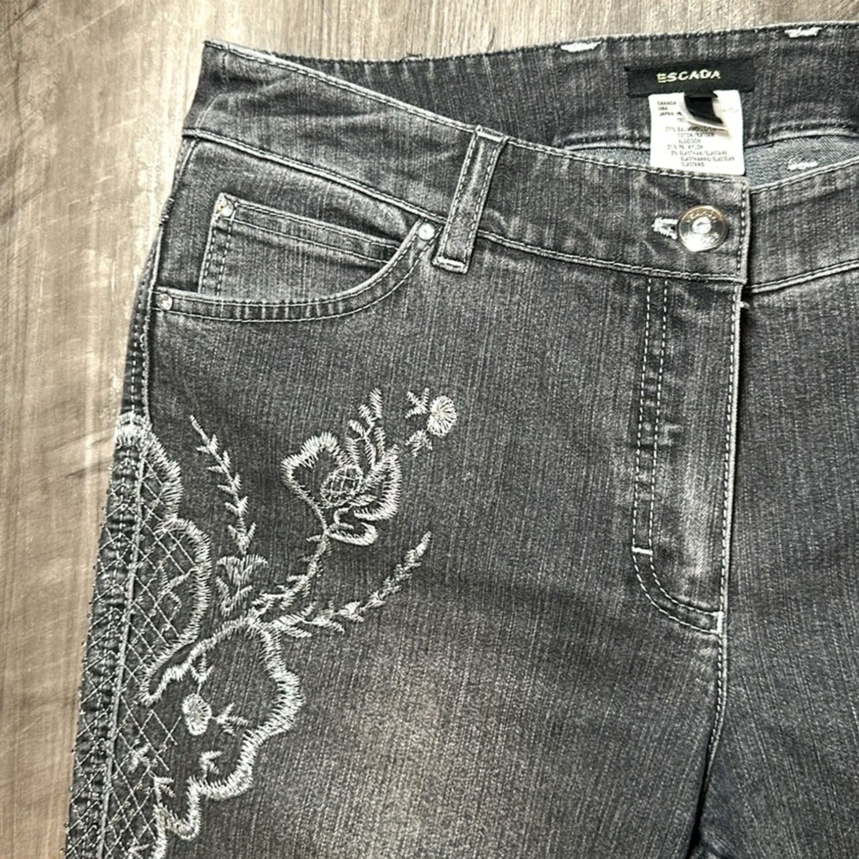 Escada VINTAGE ESCADA Black Washed Floral Stitched Beaded Embroidery Boot Cut Jeans - 38 (US 8) Womens Jeans Size 30" / US 8 / IT 44 - 5 Thumbnail