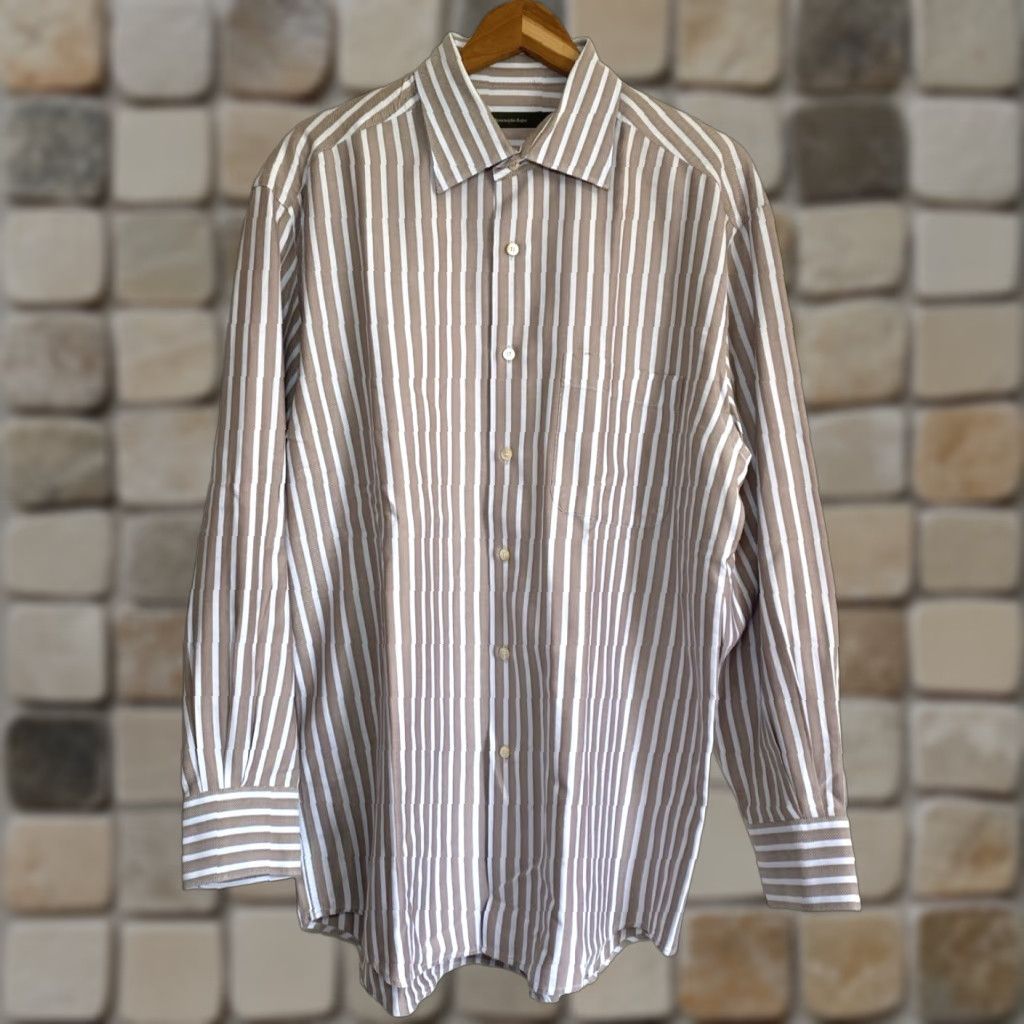 Ermenegildo Zegna VINTAGE Ermenegildo Zegna Button-Up Shirt Stripes XL Mens Cotton Woven Long Sleeve Collared Brown Blue Pattern Casual Size US XL / EU 56 / 4 - 1 Thumbnail