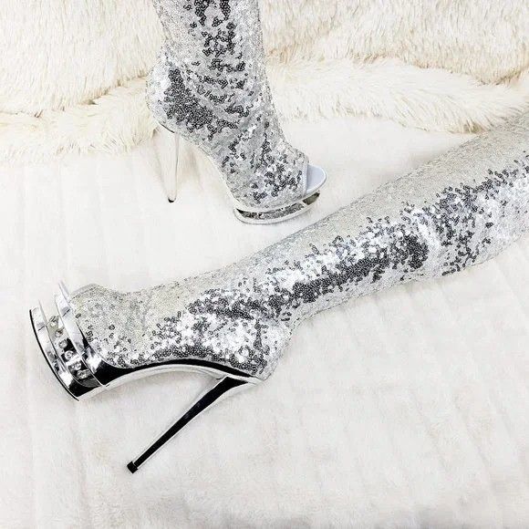 Other Blondie 3011 Silver Sequin Slouchy High Heel Platform Thigh Size US 8 / IT 38 - 6 Thumbnail