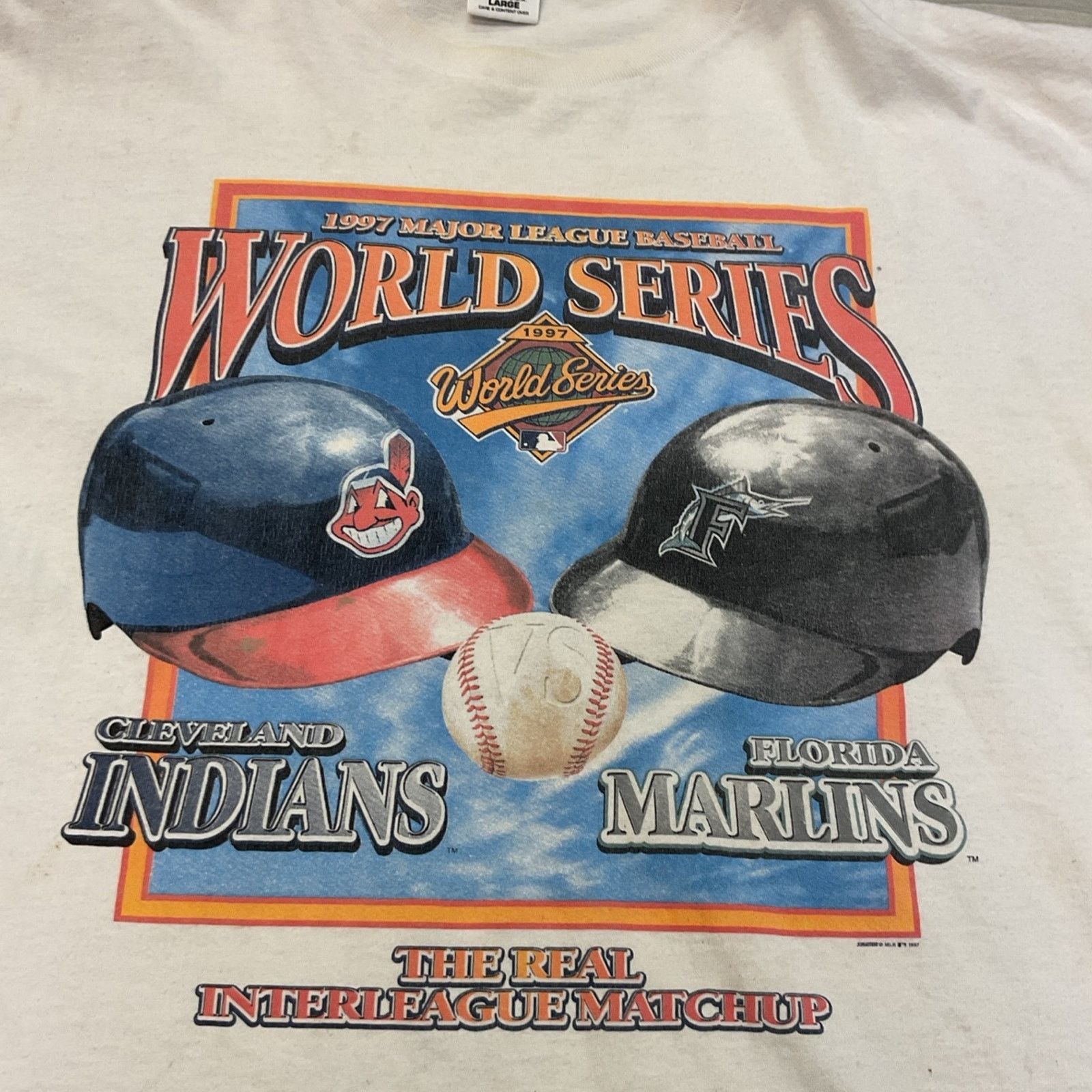 Starter 1997 MLB World Series Indians vs Marlins Distressed T-Shirt Size US L / EU 52-54 / 3 - 3 Thumbnail