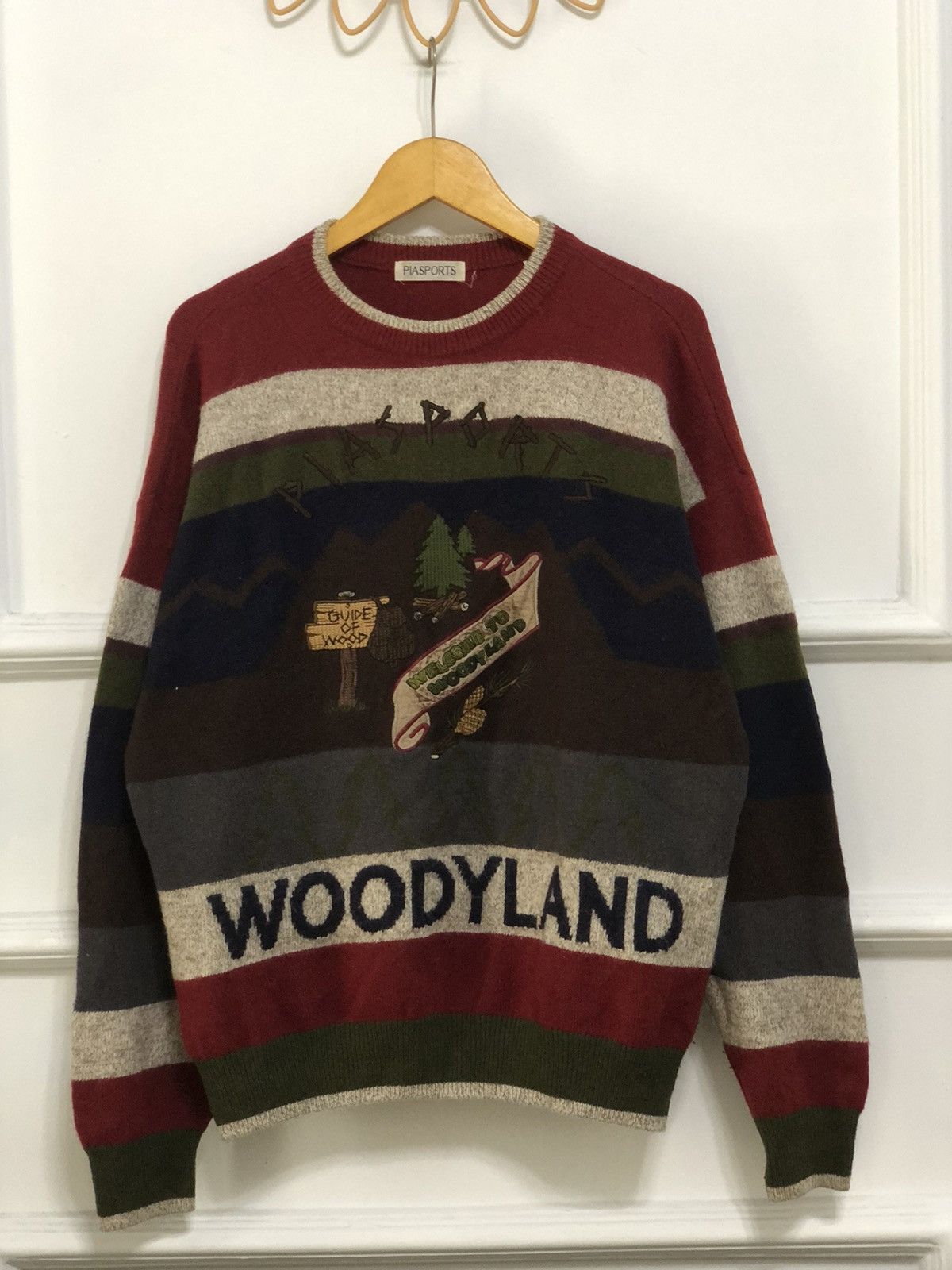 image of Coloured Cable Knit Sweater x Vintage Piasport Motif Woodyland Graphic Wool Knitwear (Size XL)