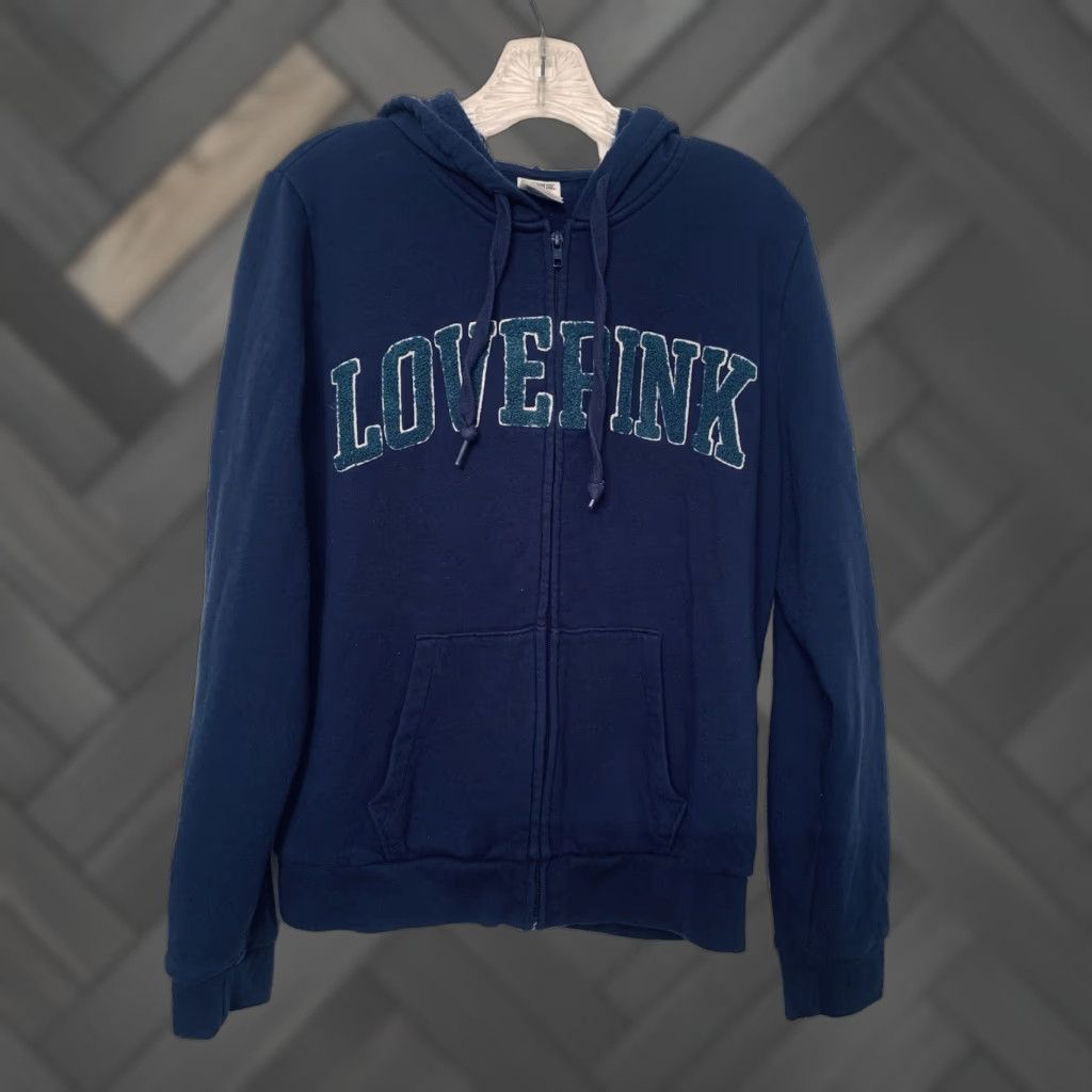 Victoria's Secret VINTAGE Victoria's Secret PINK Hoodie Sweatshirt LOVE PINK Logo Drawstring Large Enbroidery Blue Cotton Blend Regular Men? No Women? Size L / US 10 / IT 46 - 1 Thumbnail