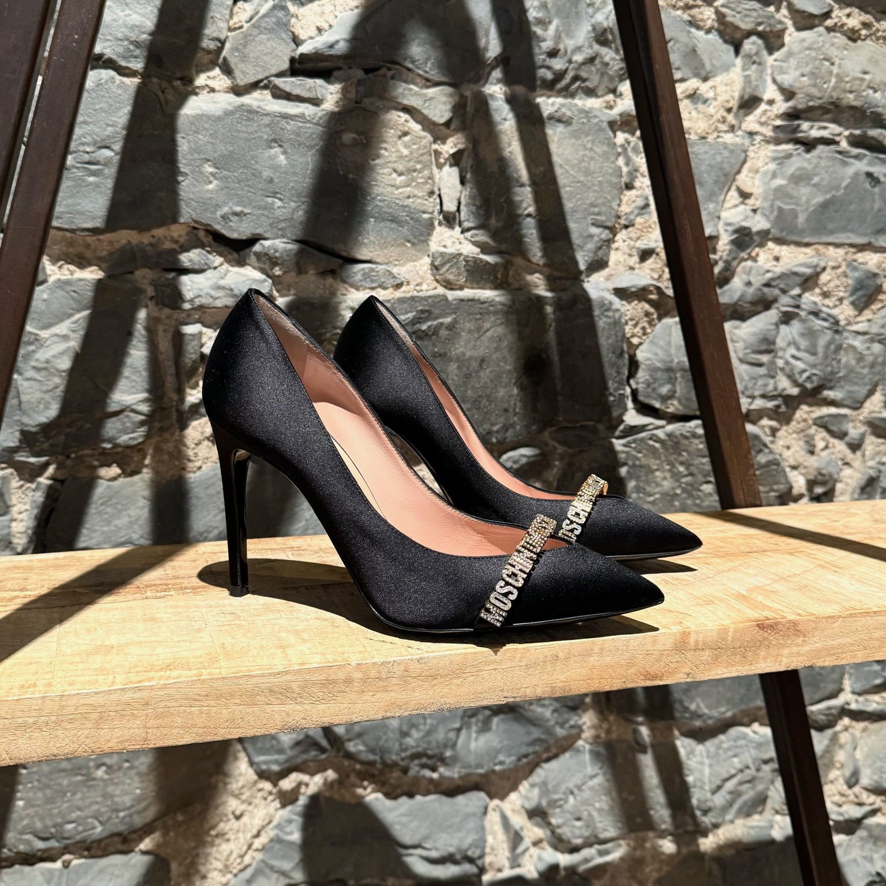 Moschino Moschino Mini Lettering Crystal Logo Black Satin Pumps Size US 9 / IT 39 - 1 Thumbnail