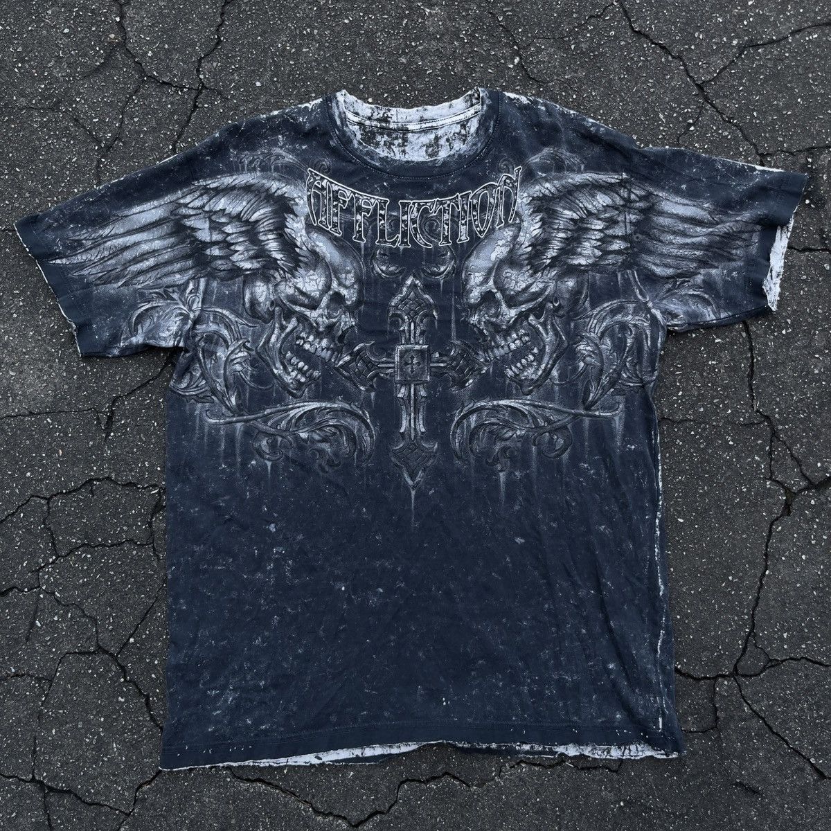 image of Affliction x Christian Audigier Vintage Y2K Thrashed Aflliction Live Fast Reversible Shirt in Black