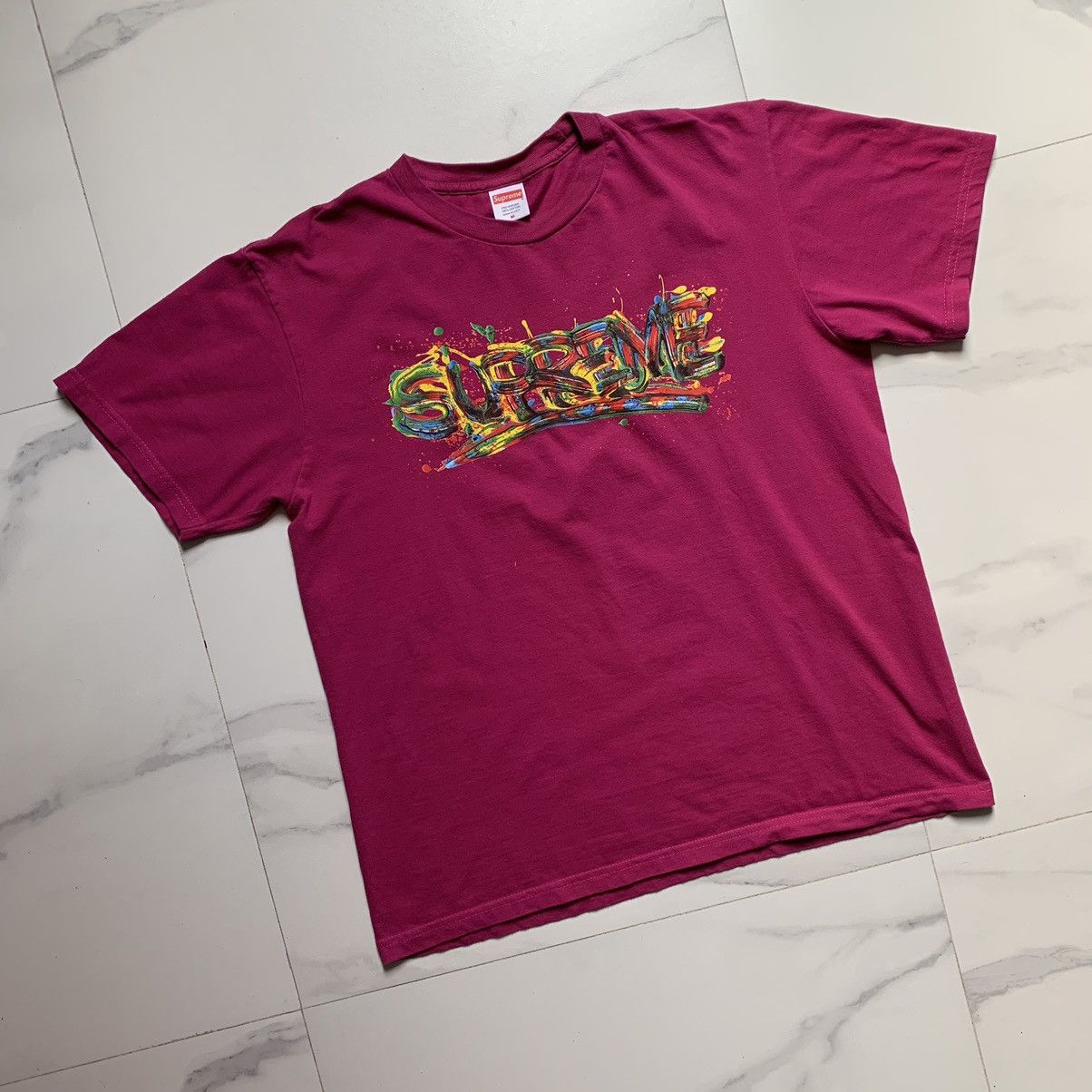 Hypebeast × Supreme Supreme Paint Logo T-Shirt Magenta Size US M / EU 48-50 / 2 - 3 Thumbnail