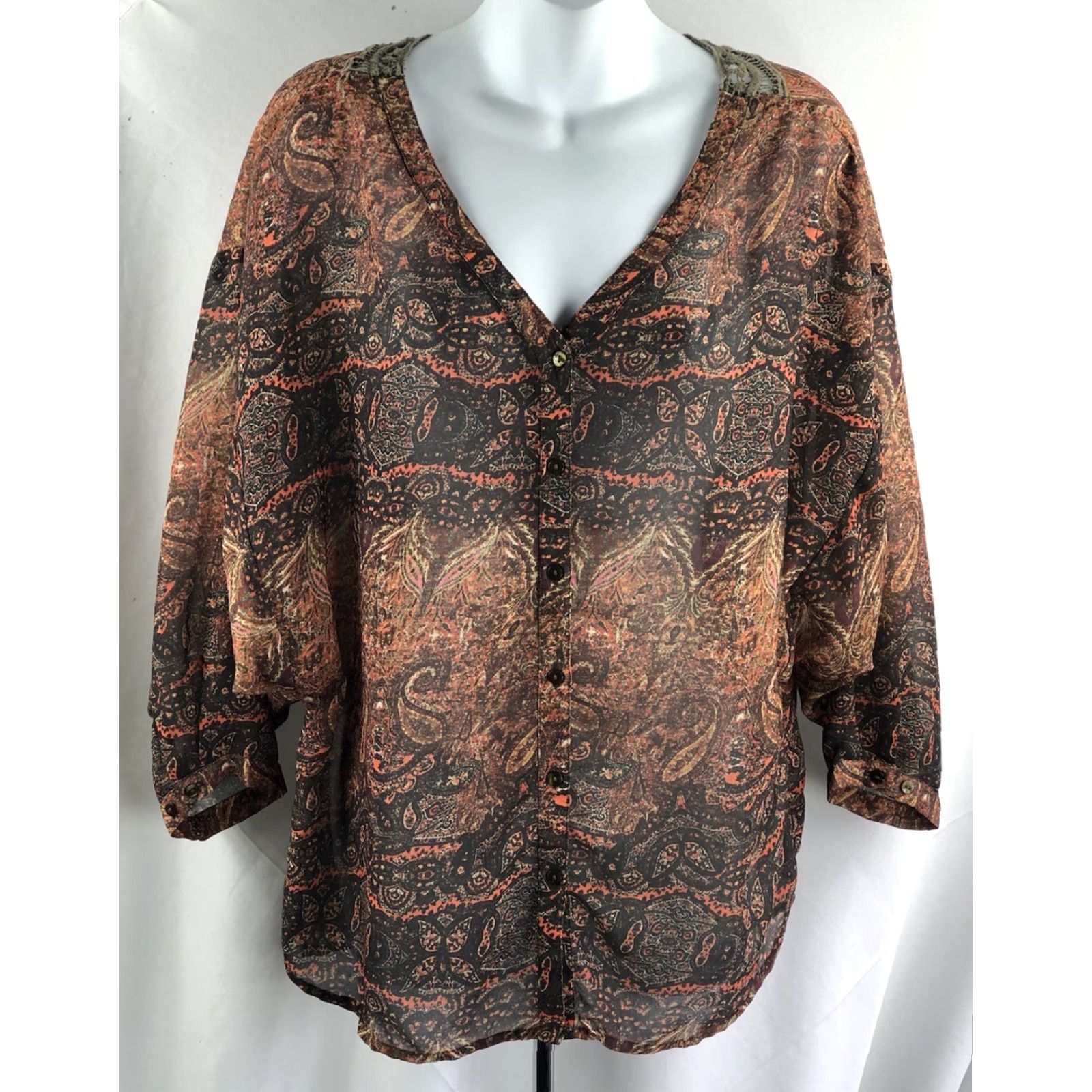 Etro VINTAGE Jeans by buffalo Blouse Brown Crochet Back Dolman Sleeve BoHo Fairy Grunge Semi Sheer Top M1940s? Size M / US 6-8 / IT 42-44 - 5 Thumbnail