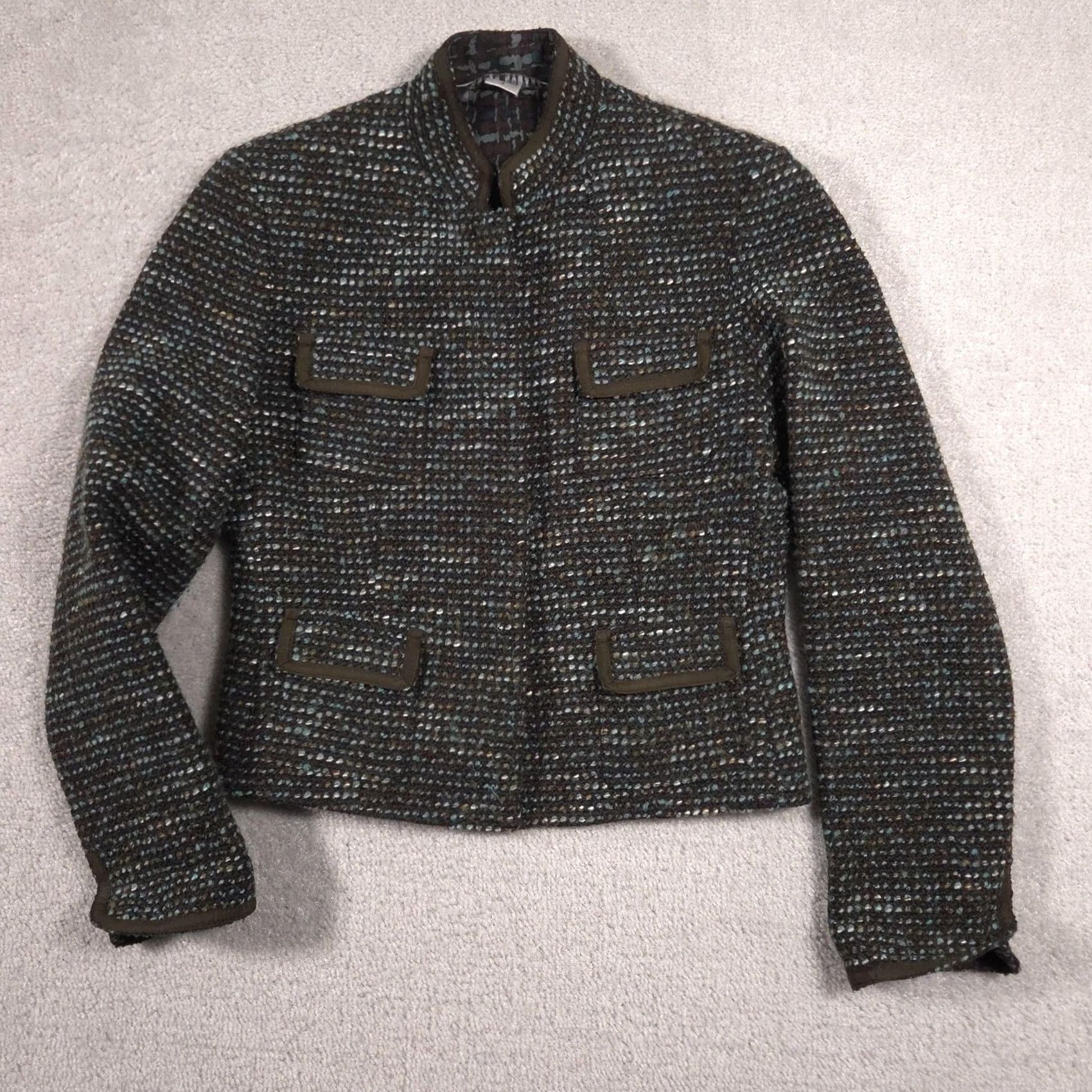 Vintage Peter Nygard Blazer Womens 4 Green Tweed Silk Lined Button Front Short Jacket Size 27" / US 4 / IT 40 - 2 Thumbnail