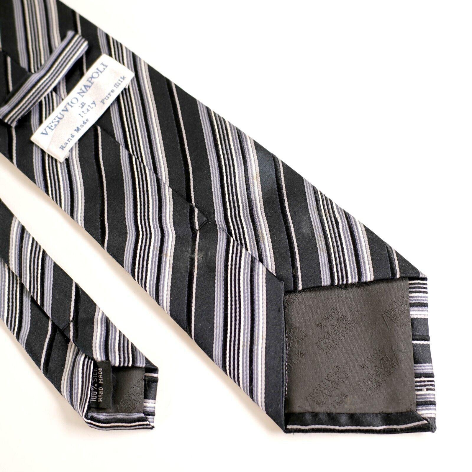 Vintage Vesuvio Napoli Italy Woven Gray Black Striped Long Silk Tie Size ONE SIZE - 5 Thumbnail