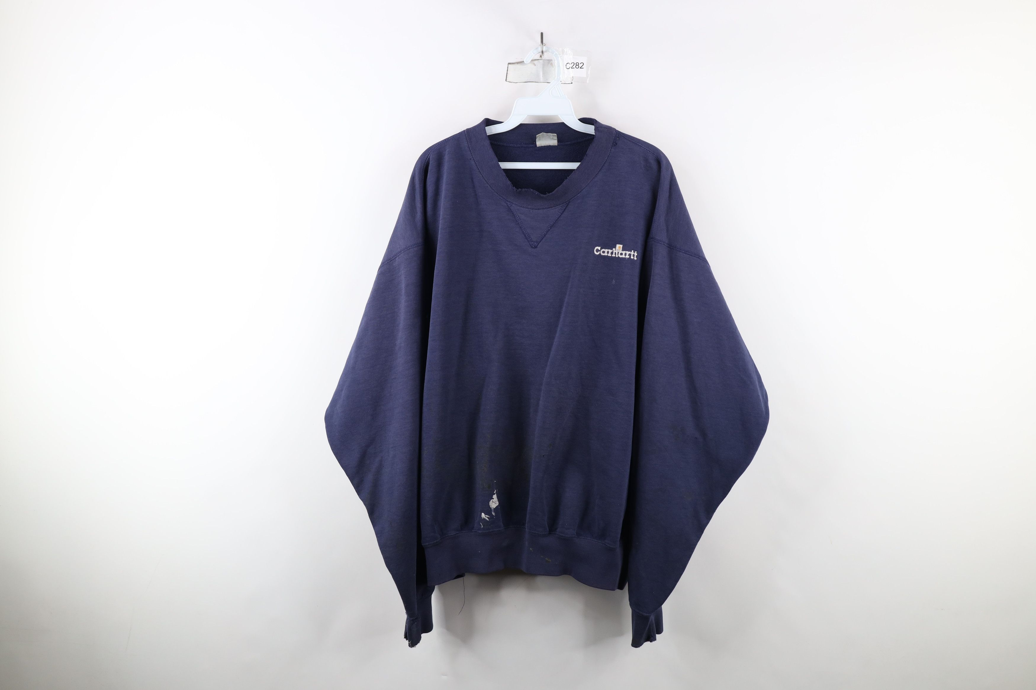 Vintage 90s Carhartt Spell Out Crewneck Sweatshirt Navy Blue