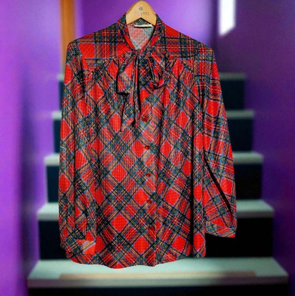 Other Vintage Phyllis Sidney XL Red Metallic Plaid Blouse with Bo Size XL / US 12-14 / IT 48-50 - 1 Thumbnail