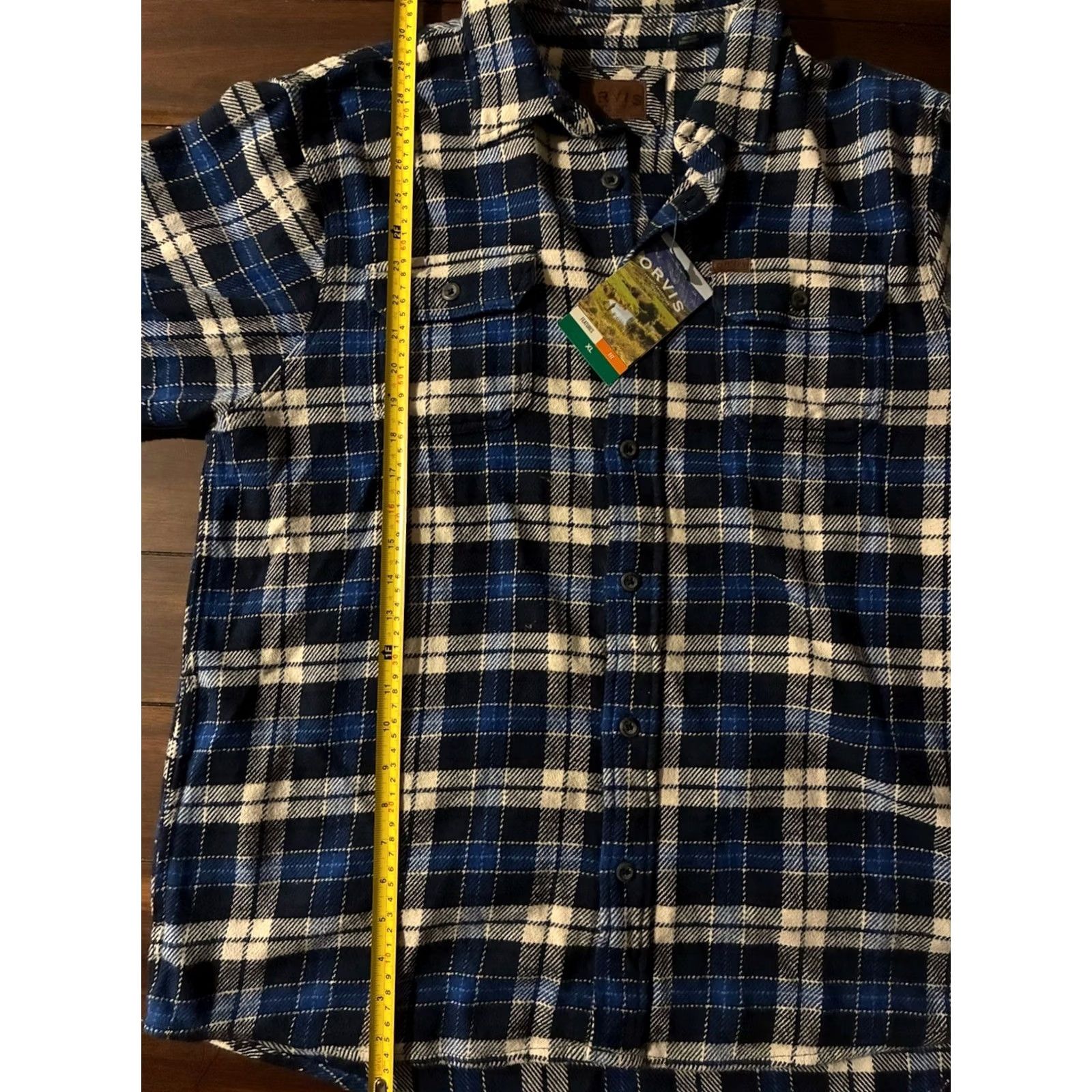 Orvis Orvis Heavyweight Flannel Shirt Mens XL Navy Check Pockets Button-Down Leather? Size US XL / EU 56 / 4 - 5 Thumbnail