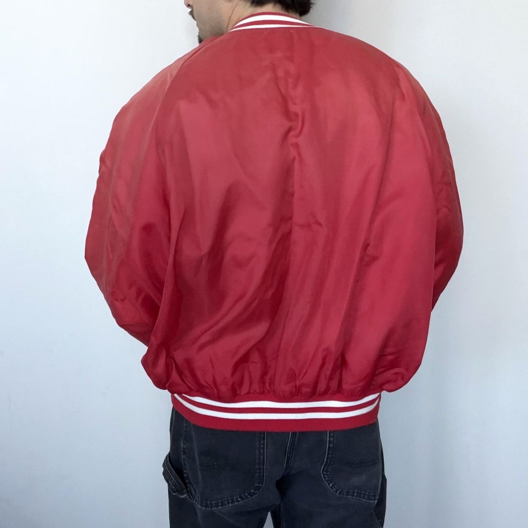 Vintage VINTAGE King Louie Mens XL Red CF Freightways Bomber Jacket, Satin Nylon, Varsity, Snap Front, Pockets, Embroidered Logo, Short Jacket Length, 1990s? Size US XL / EU 56 / 4 - 2 Thumbnail