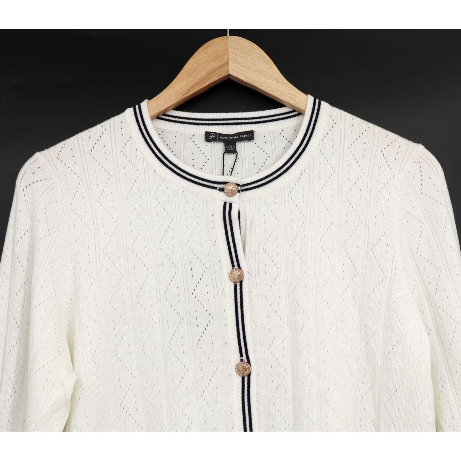 Adrianna Papell Adrianna Papell Women's Sweater Cardigan Ivory White Trim Tipped Pointelle L NEW Size L / US 10 / IT 46 - 3 Thumbnail