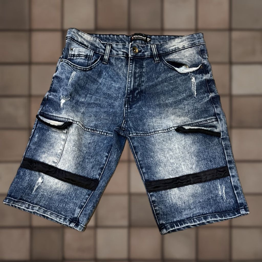Southpole Southpole Blue Jean Shorts - Slim 32 - Distressed - Black Stripes - Men’s - Denim Front Zip Casual 90s Hip Hop Grunge Jeans Shorts Mens Size US 32 / EU 48 - 1 Thumbnail