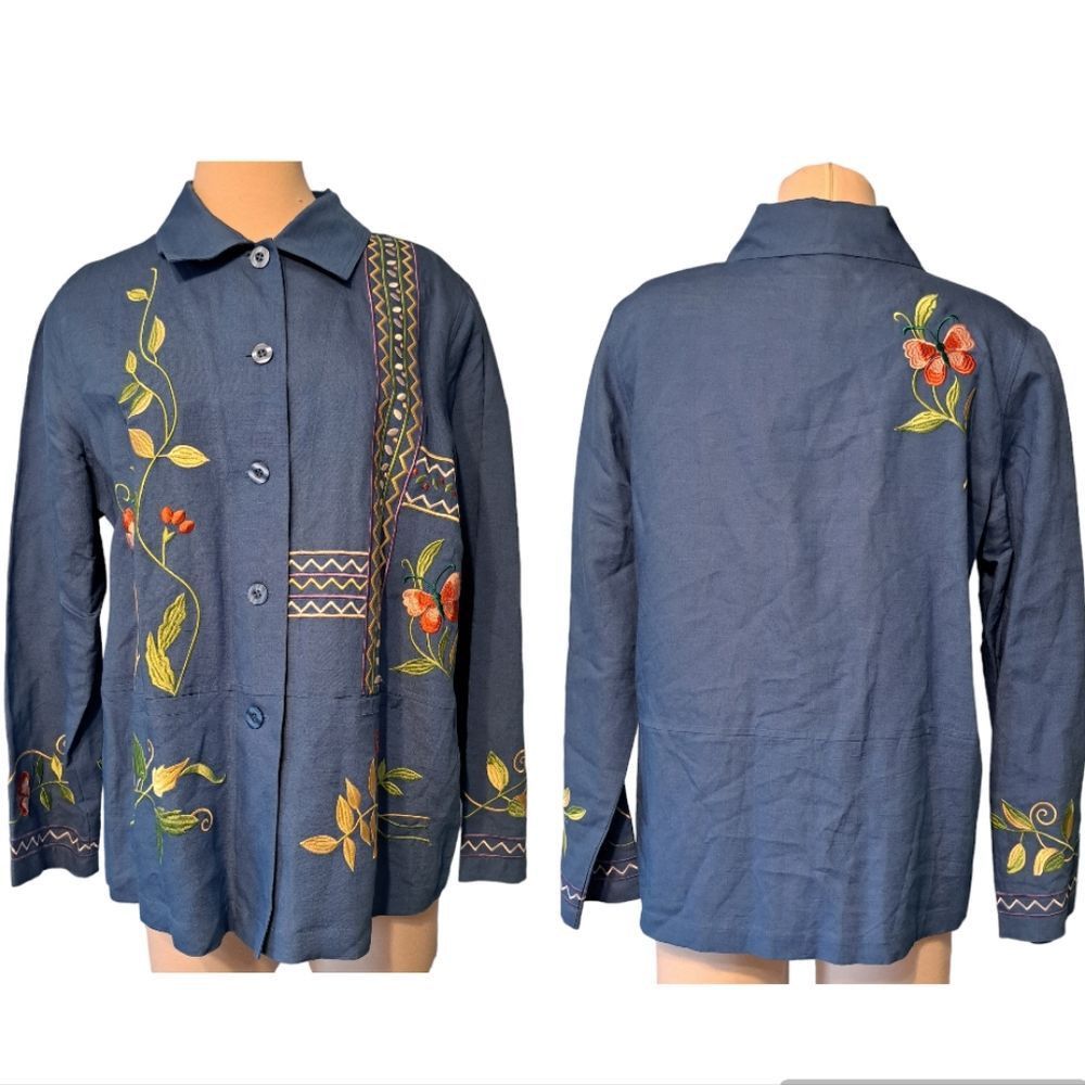Other Susan Graver Grannycore Embroidered Linen Floral Butterfly Top Medium Blue/Multi Size M / US 6-8 / IT 42-44 - 1 Thumbnail
