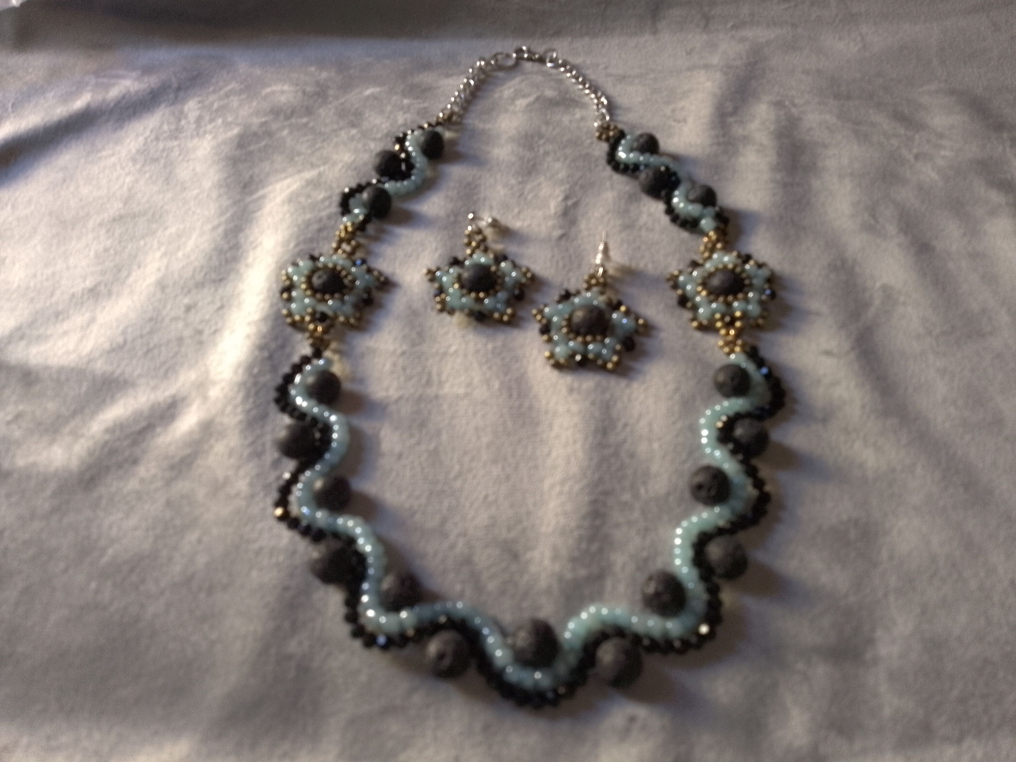 Handmade Necklace Long Black Blue Lava Stone Wavy Earrings Size ONE SIZE - 10 Thumbnail