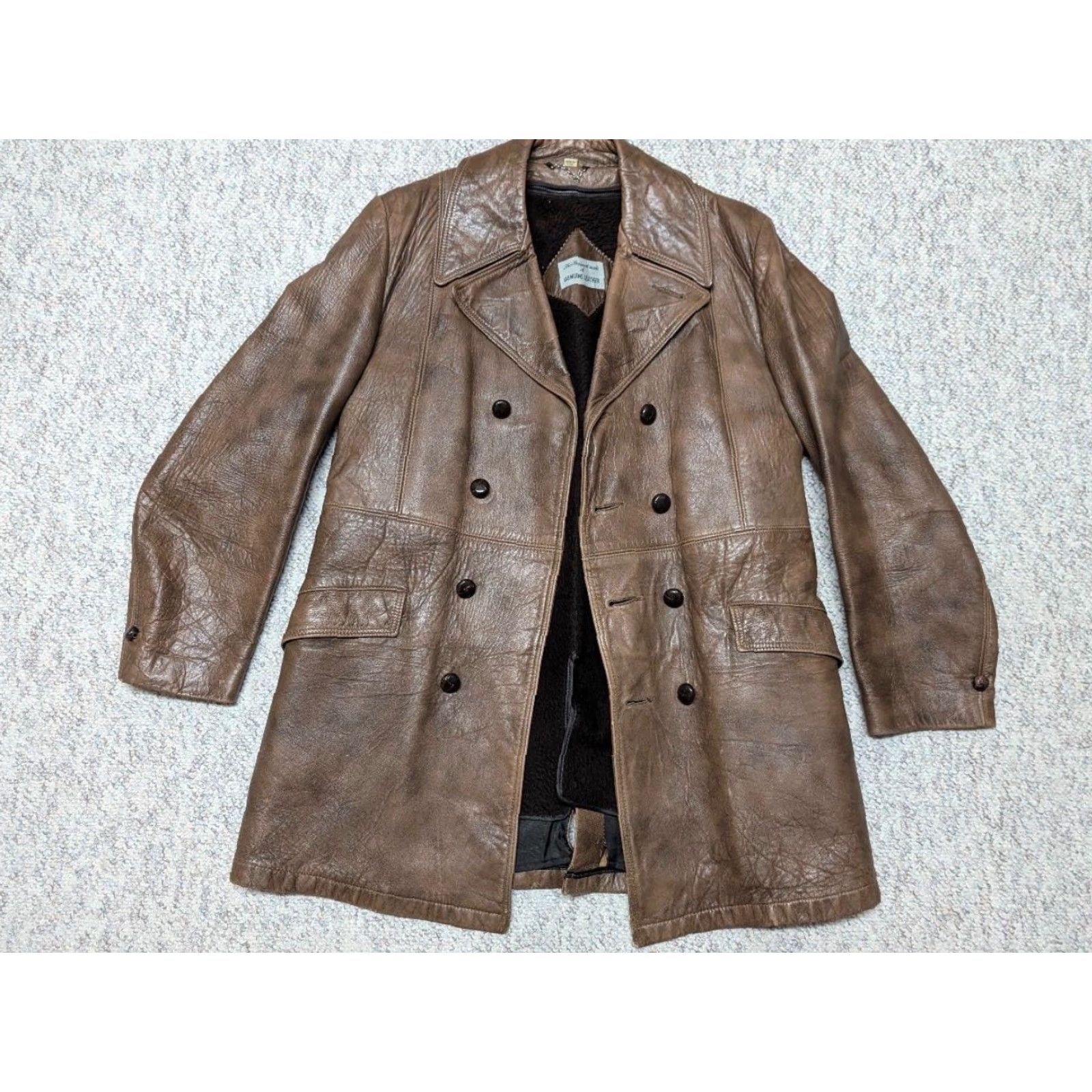 Doublet VINTAGE USA made DOUBLE BREASTED leather coat 38 brown PATINA cowhide 1970s - Mens Coat Size US S / EU 44-46 / 1 - 4 Thumbnail