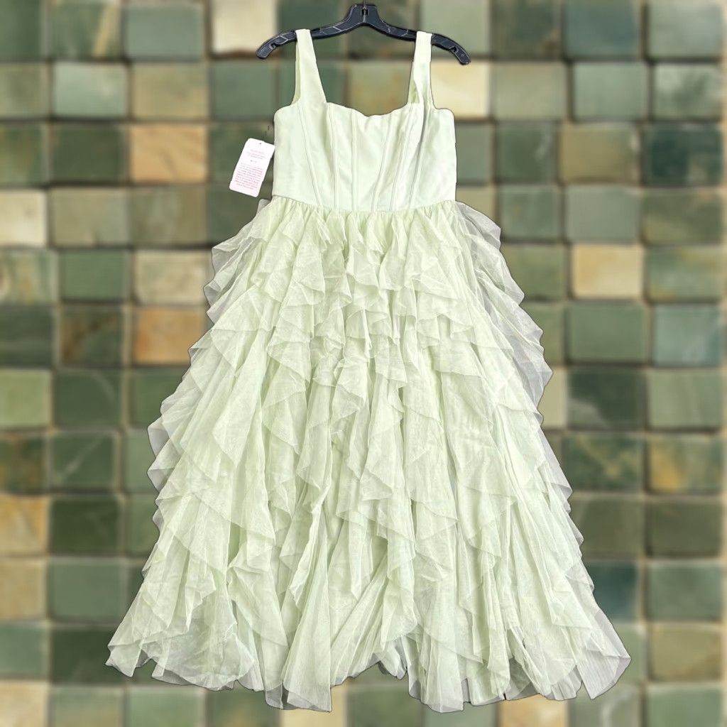 BHLDN Talia Square-Neck Corset Tulle Midi Dress Women's S Desert Sage Green Ball Gown Sleeveless Zip