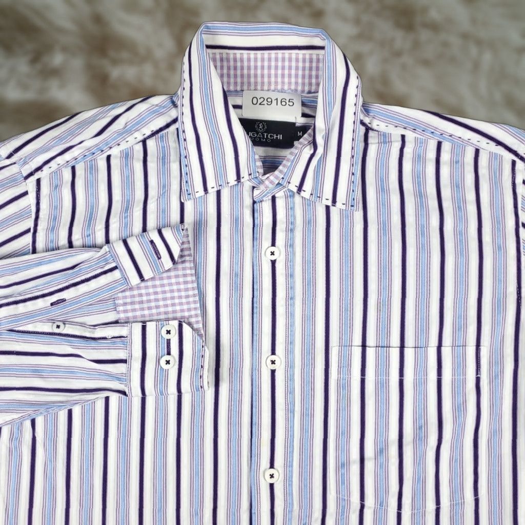 BUGATCHI Bugatchi Uomo Shirt Mens Medium Purple Striped Button-Up Long Sleeve Cotton Pocket Collared Regular Fit Size US M / EU 48-50 / 2 - 1 Thumbnail