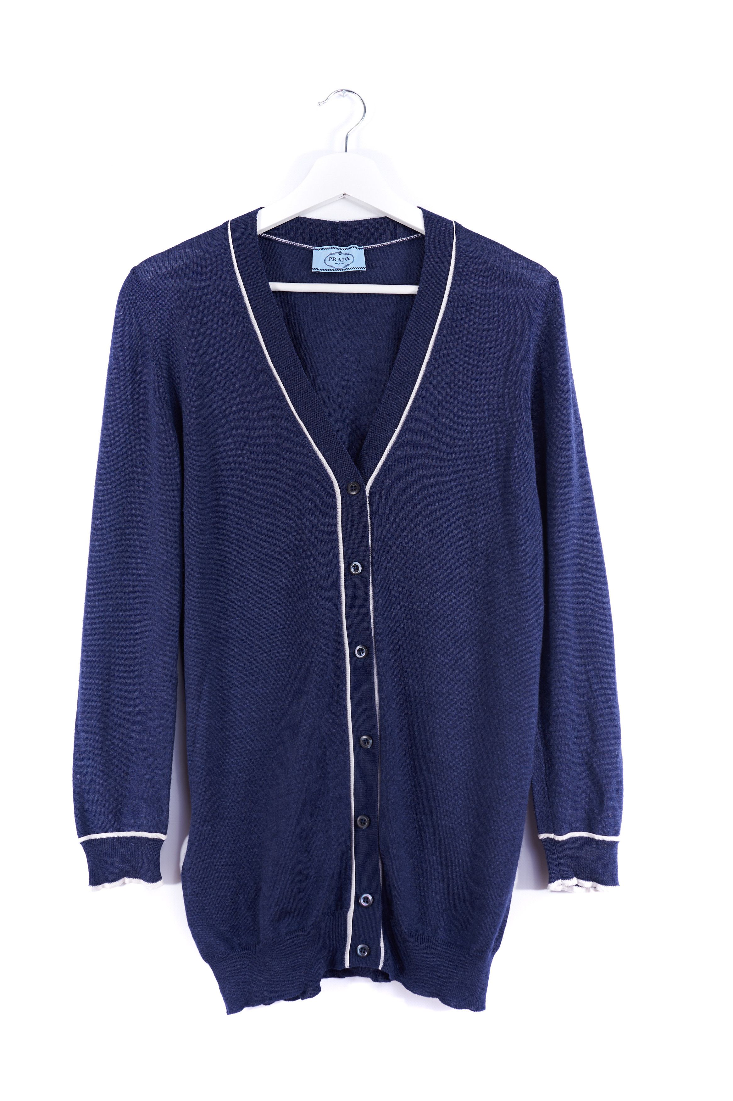 Prada Womens Blue Wool V Neck Cardigan Size 38