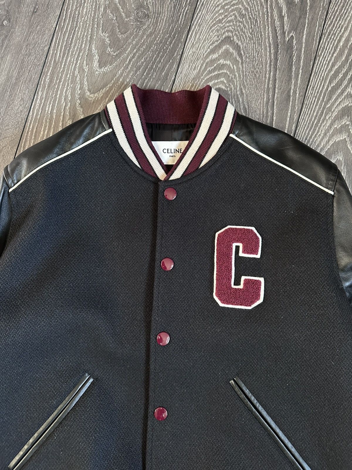 Celine celine c logo wool and leather classic teddy varsity jacket Size US M / EU 48-50 / 2 - 2 Thumbnail