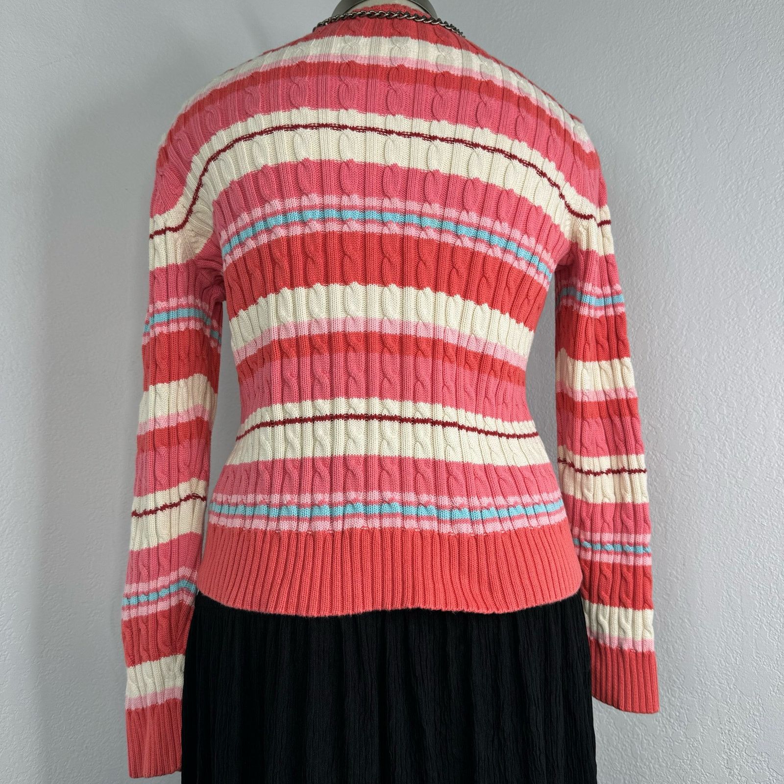 Vintage Y2k Liz Claiborne Striped Sweater Pink White Cable Knit Size L / US 10 / IT 46 - 3 Thumbnail