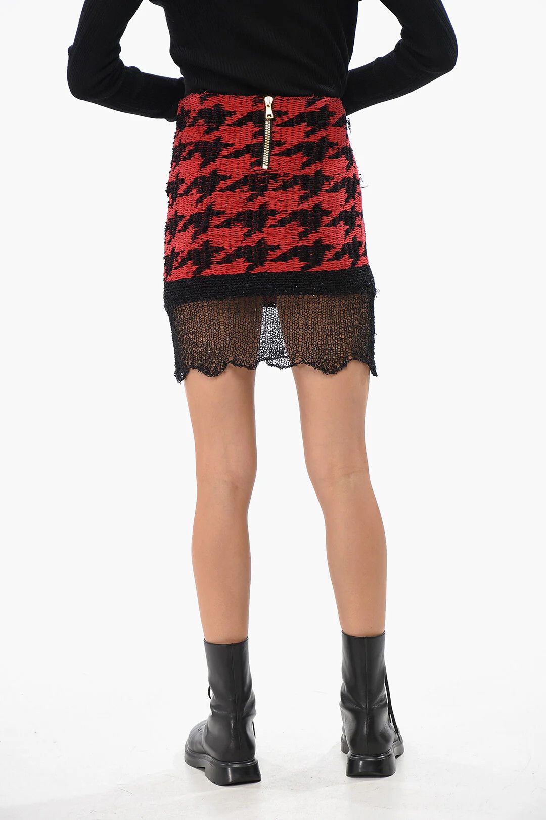 Balmain og1mm0326 Houndstooth Fabric Mini Skirt in Red Size 38" / US 16 / IT 52 - 2 Thumbnail