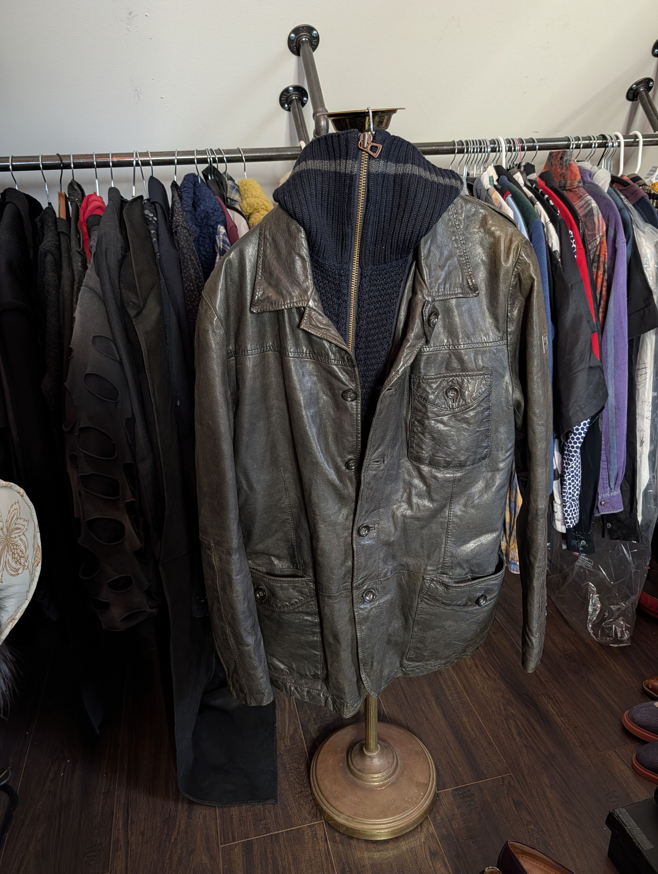 Hugo Boss Hybrid brown leather navy knit insert Thermore lined jacket Size US L / EU 52-54 / 3 - 2 Thumbnail