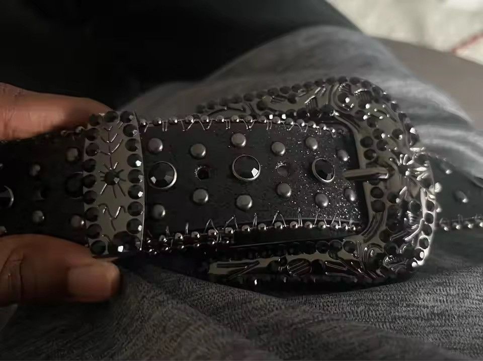 Japanese Brand Black Cross Rivet 115 cm Belt Engraved Buckle Rhinestone Size ONE SIZE - 3 Thumbnail