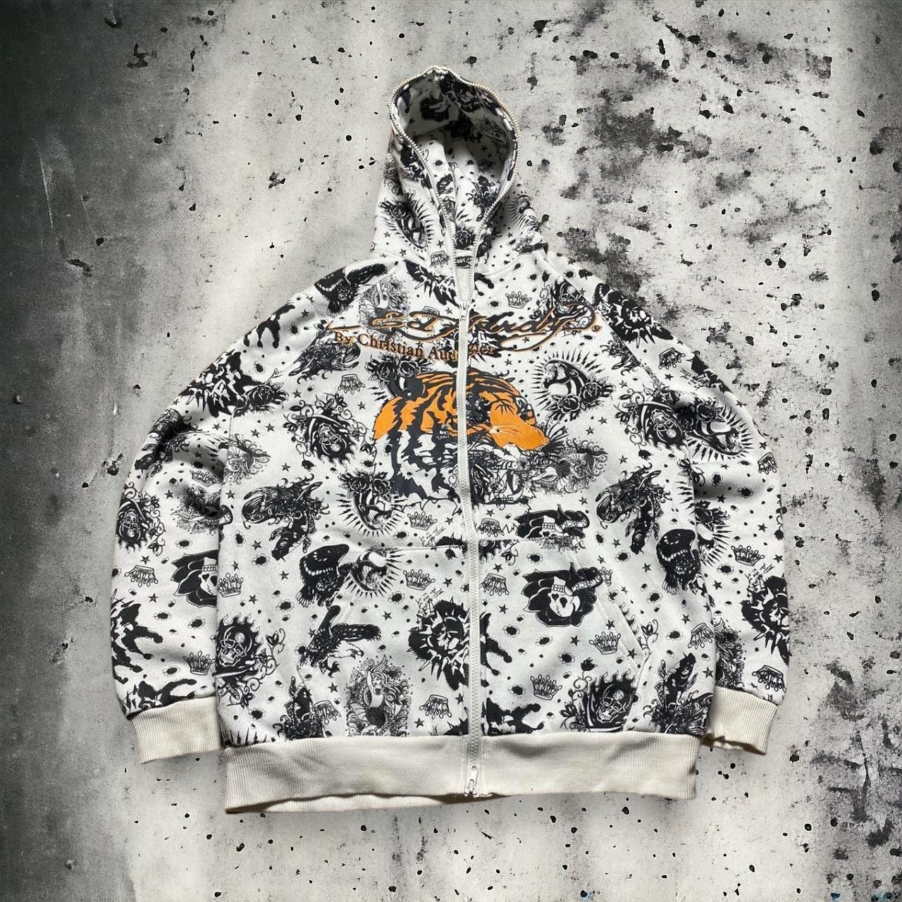 image of Christian Audigier White Zip Up Hoodie, Men's (Size Large)