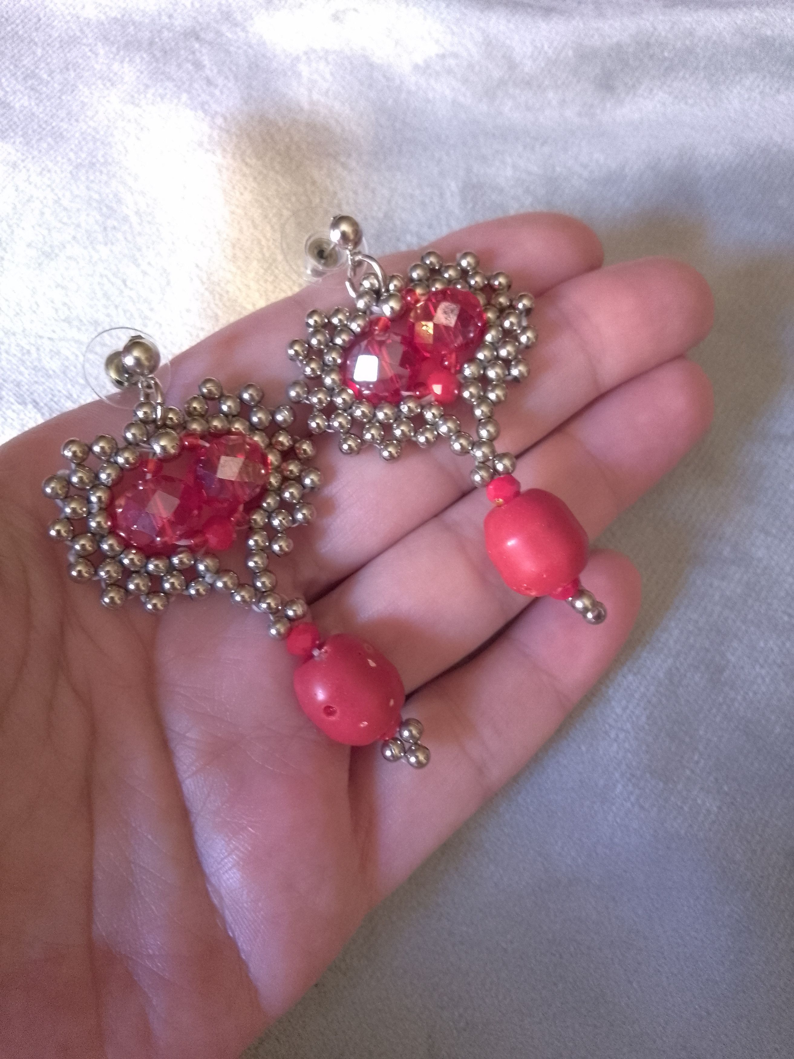Handmade Red earrings Heart Shape Coral bamboo gemstones Size ONE SIZE - 2 Thumbnail